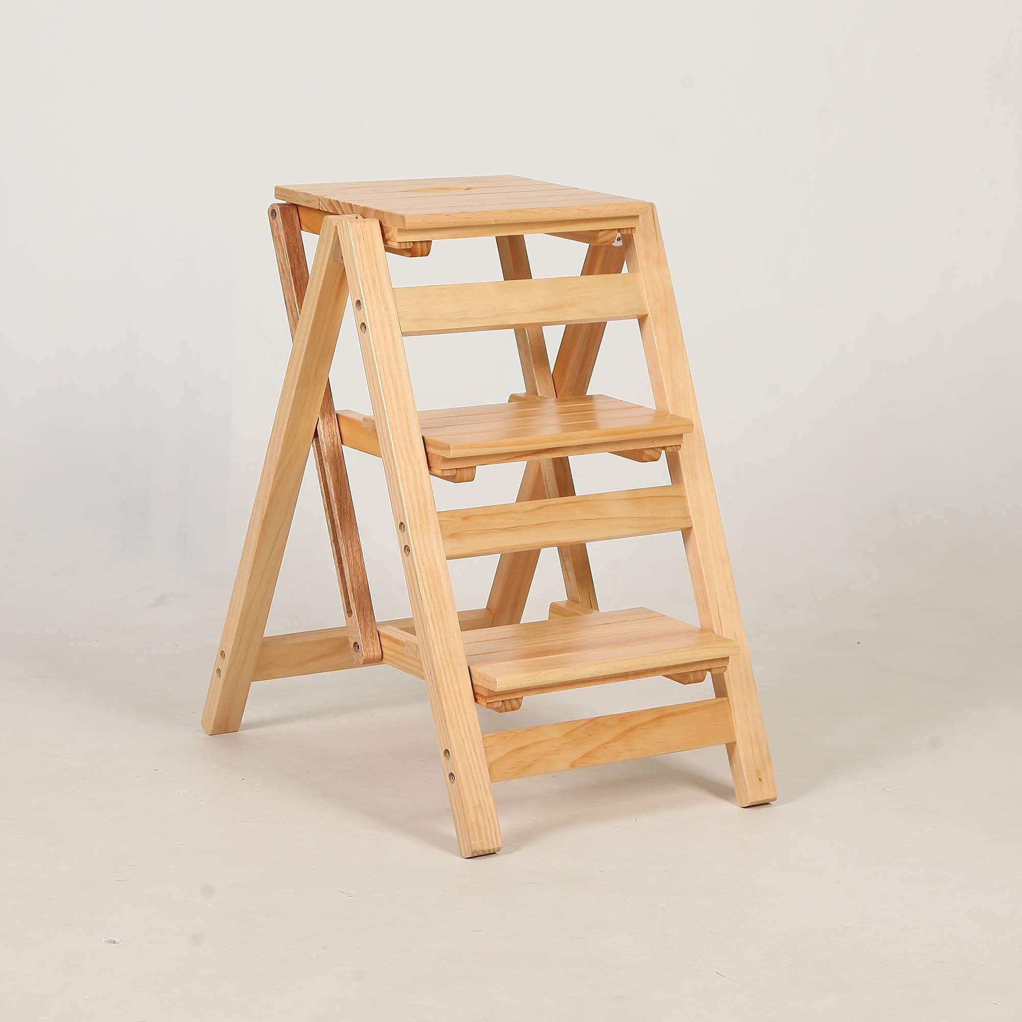 Wood Folding Stair Stool Home Kitchen Small Ladder Stool Folding Step Ladder 3 Step Home Library Ladders Bearing Weight: 150 Kg (330 Lb), Wood Color