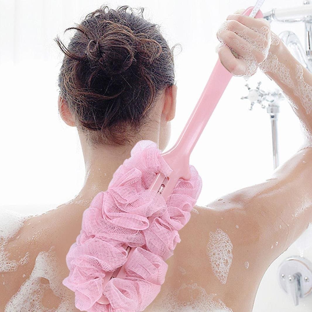 Long Handle Bath Brush Back Scrubber Shower Body Brushes Sponge Hanging Soft Mesh (Pink)