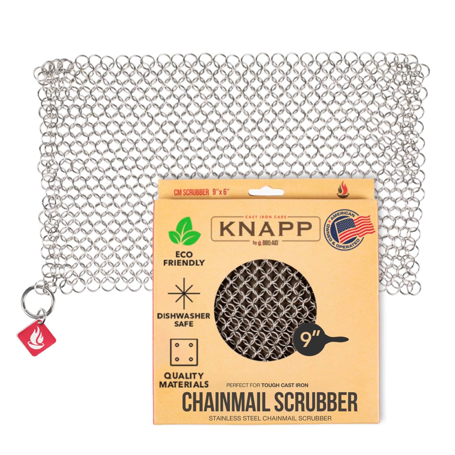 Knapp Made CM Scrubber 9"x6" Small Ring Cast Iron Scrubber - Cast Iron Cleaner for Hard Anodized Cookware, Pre-Seasoned Pans, Dutch Ovens, Iron Pans, Grills and Skillet. Chain Mail Scrubber Cast Iron