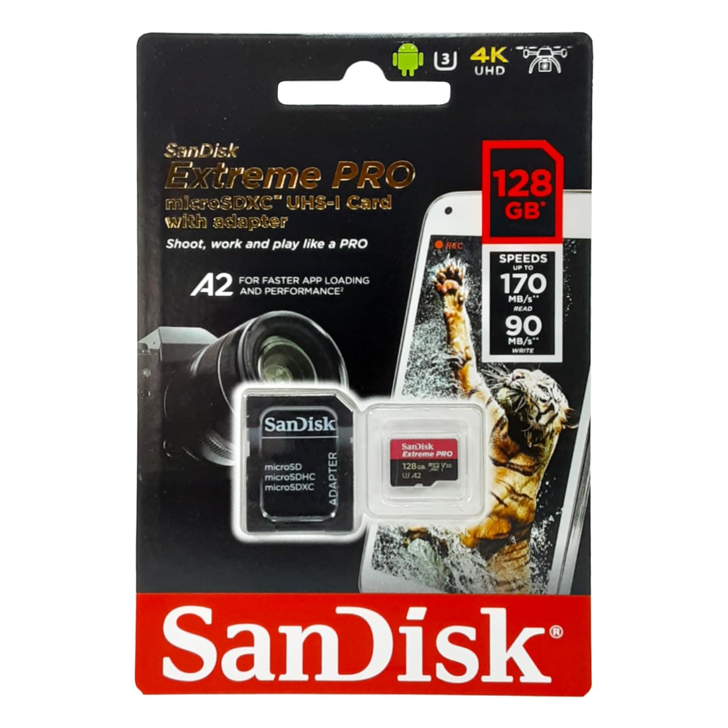 SanDisk Extreme Pro 128GB microSDXC Memory Card + SD Adapter with A2 App Performance + Rescue Pro Deluxe 170MB/s Class 10, UHS-I, U3, V30