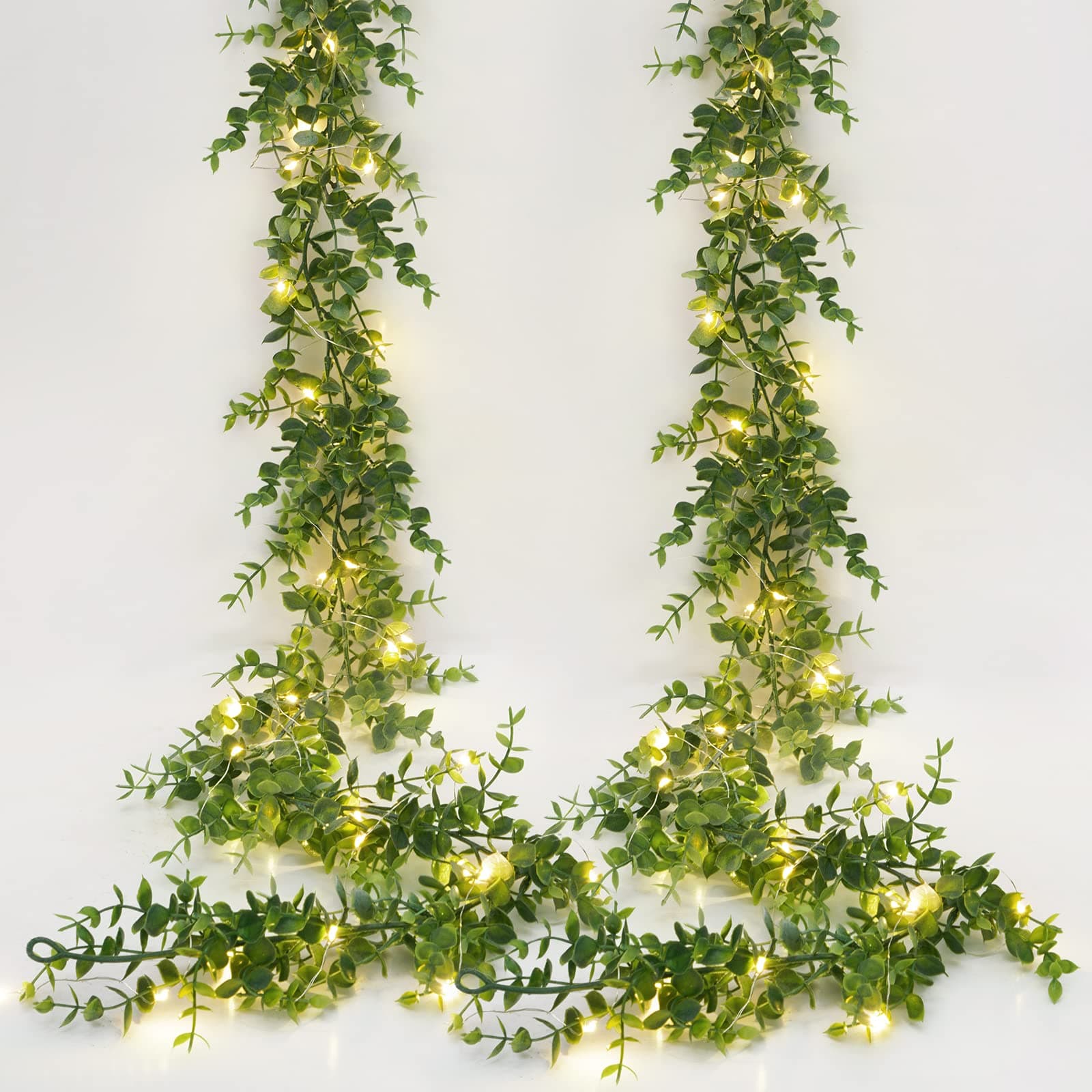 Dolicer 2 Packs Eucalyptus Garland with LED Lights String, 12Ft Faux Eucalyptus Greenery Garland, Artificial Hanging Green Eucalyptus Leaves Vine Wedding Backdrop Arch Wall Table Decor (Grey Green)