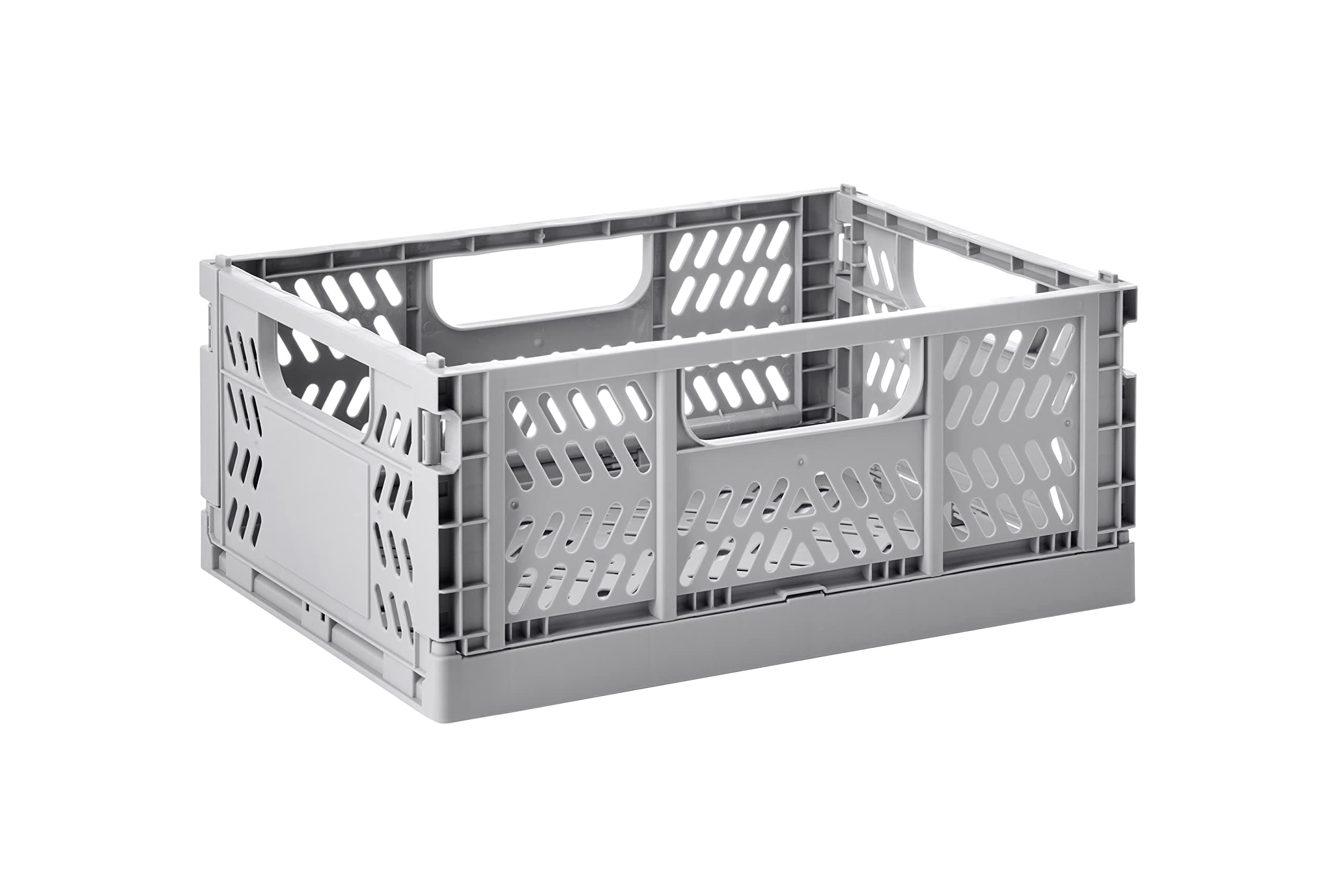 3 Sprouts Recycled Plastic Collapsible Crate - Stackable Folding Storage Crate for Organization for Adults & Kids - Foldable Plastic Crate - Medium - Light Gray