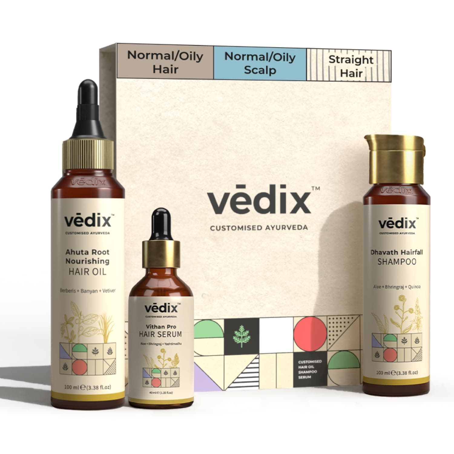 Vedix Ayurvedic Hair Fall Control Kit | Customized For Normal/Oily Scalp & Straight Hair - Pack Of 3 | Berberis & Banyan Anti-Fall Oil + Shampoo + Growth Serum, 436 Grams
