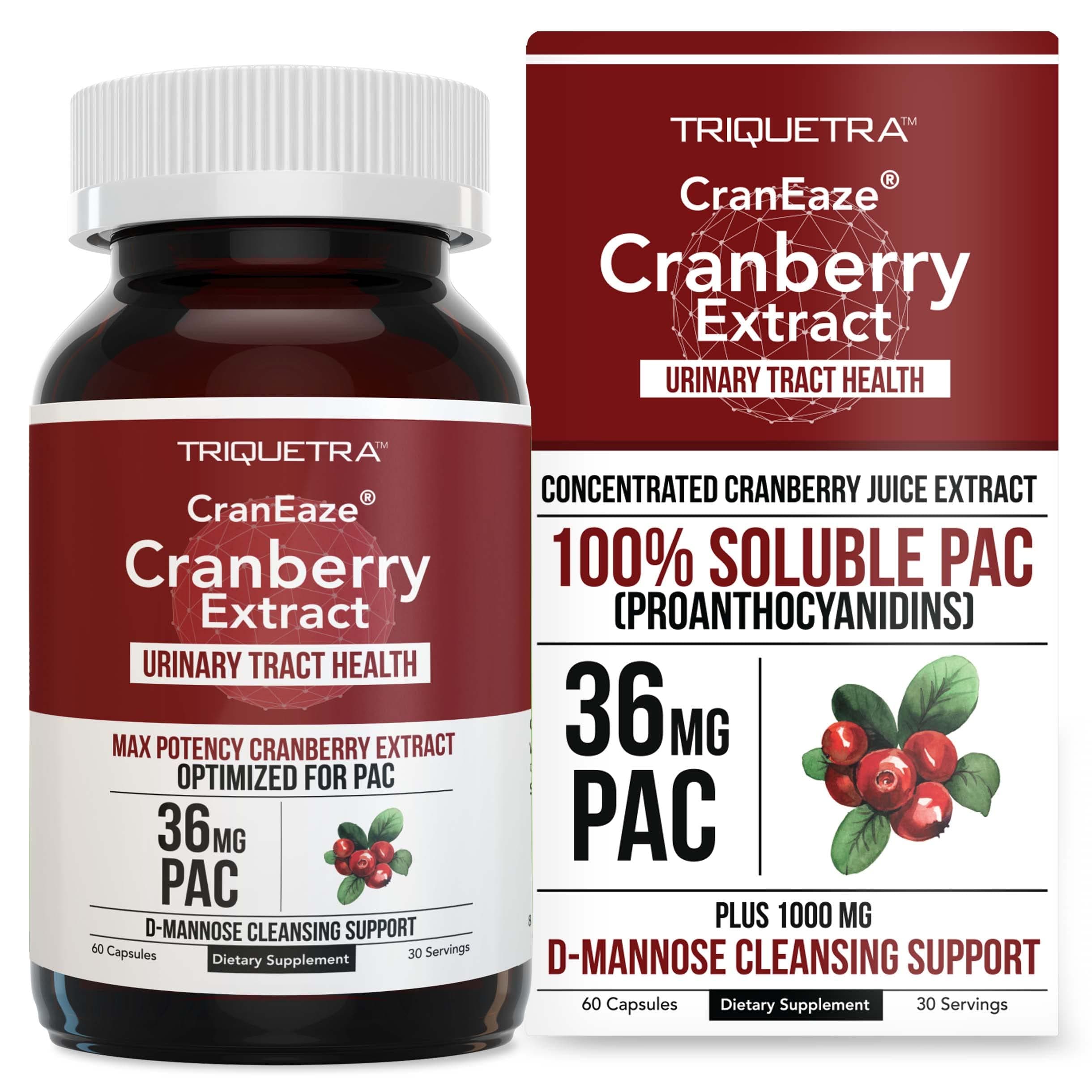 - CranEaze®: Cranberry Juice Extract Plus D-Mannose – 36 mg PAC, 100% Soluble PAC - Supports Urinary Tract Health – Most Effective Cranberry Pills for Women, UTI Cranberry Supplement - 60 Capsules