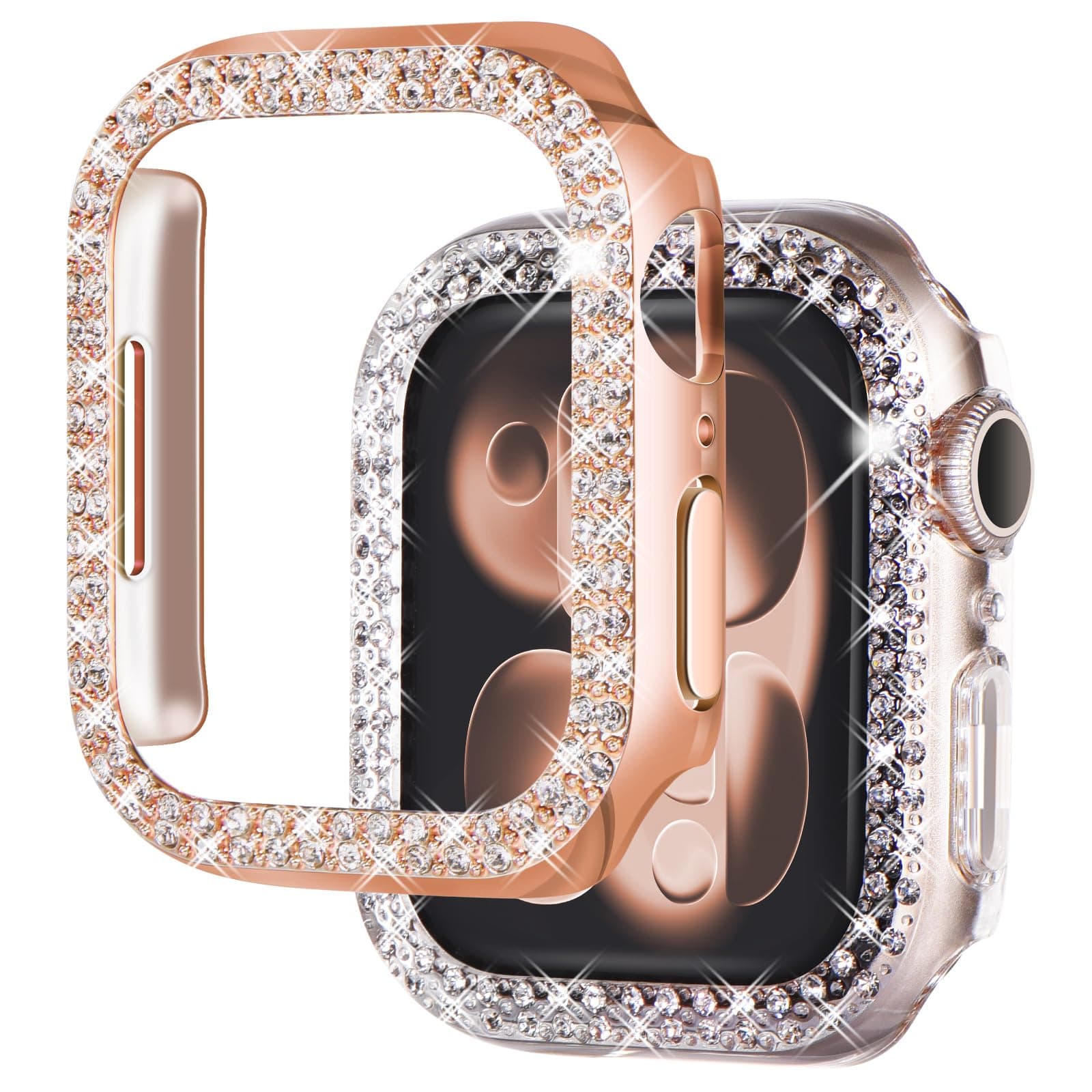 NewWays 2-Pack Luxury Bling Case for Apple Watch Series 4 5 6 SE 40mm, Double Row Sparkling Crystals Premium Jewelry Bumper, Slim Protective Frame Cover for Women, Rose Gold/Clear