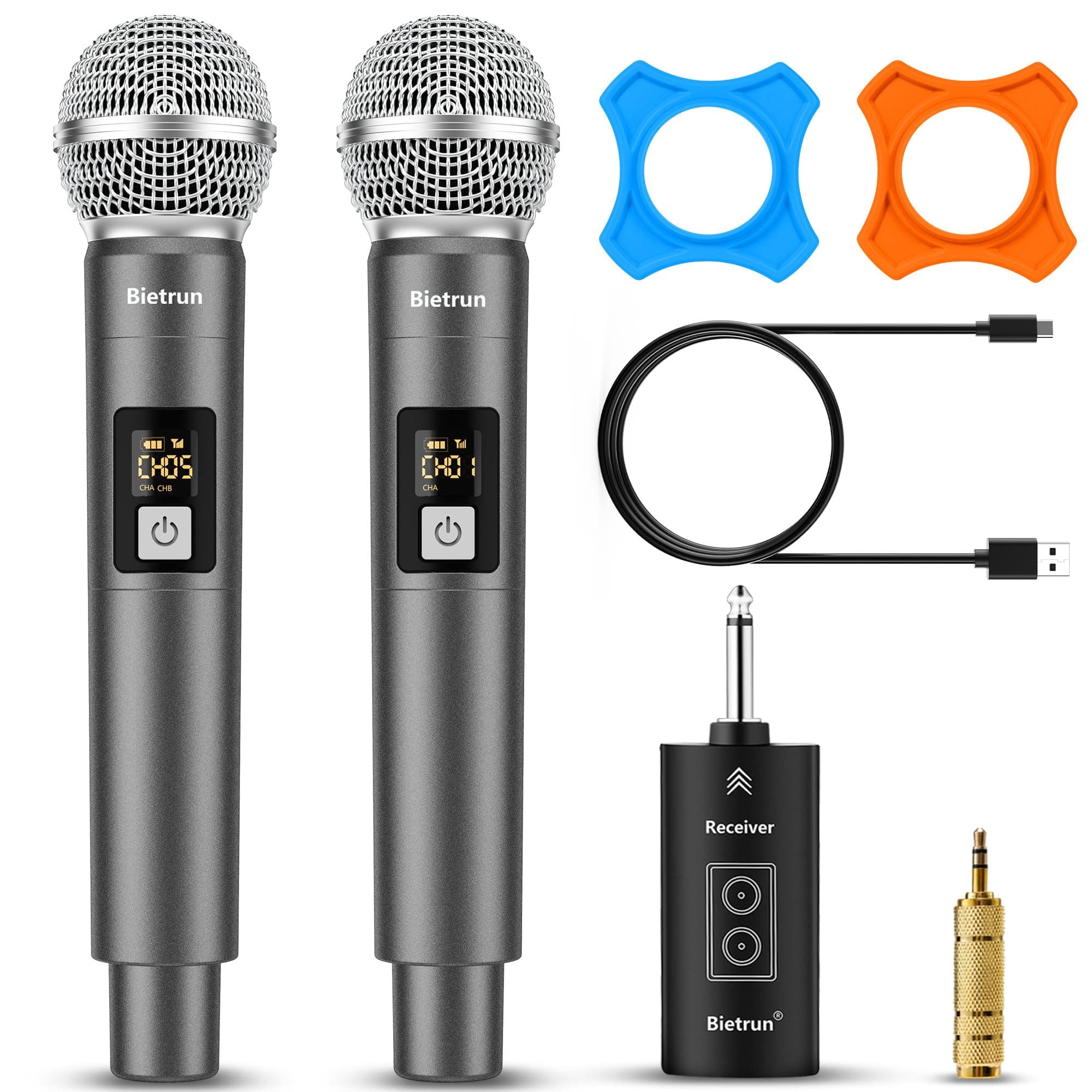 Wireless Microphone, UHF Dual Handheld Cordless Dynamic Metal Mic Set with Rechargeable Receiver, 1/4'' Plug Output, for Karaoke, Church, Wedding, Party Singing(98 ft Range)(Auto Connect)