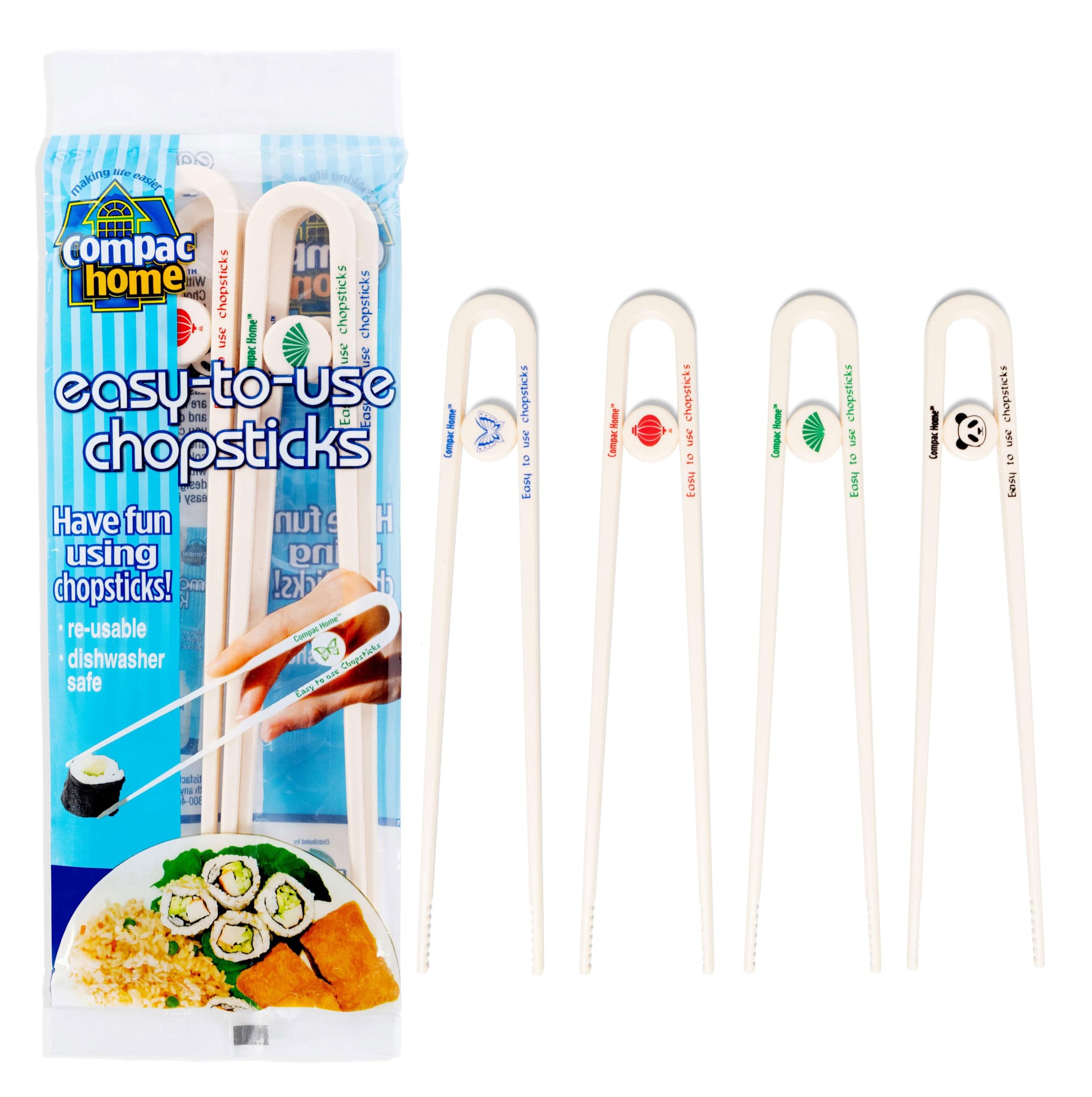 Compac Home Easy-to-Use Chopsticks, Plastic Dishwasher Safe, Great for All Ages, Parties, Stocking Stuffer, 4 Count