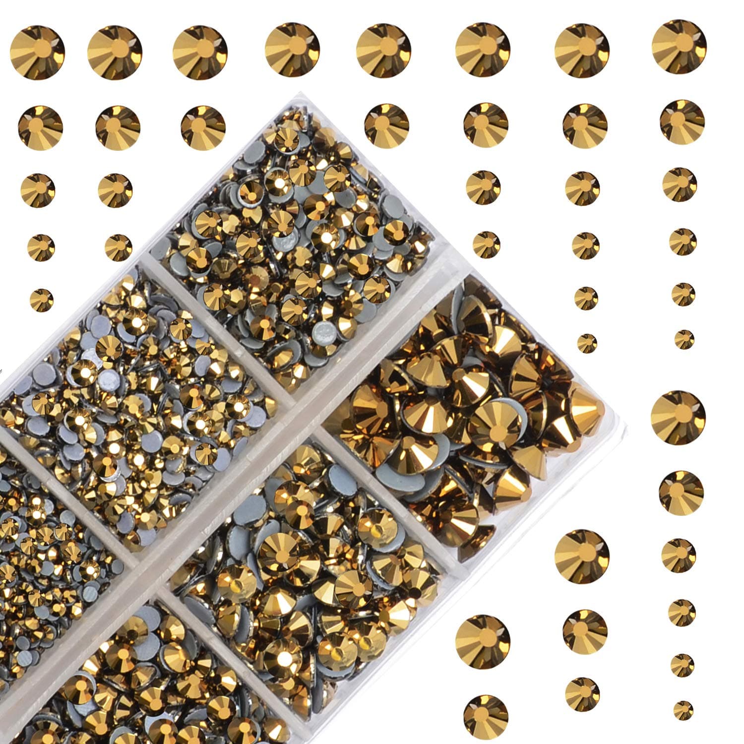 4000Pcs Mixed Size Hot Fix Round Crystals Gems Glass Stones Hotfix Flat Back Rhinestones (Mine Gold)