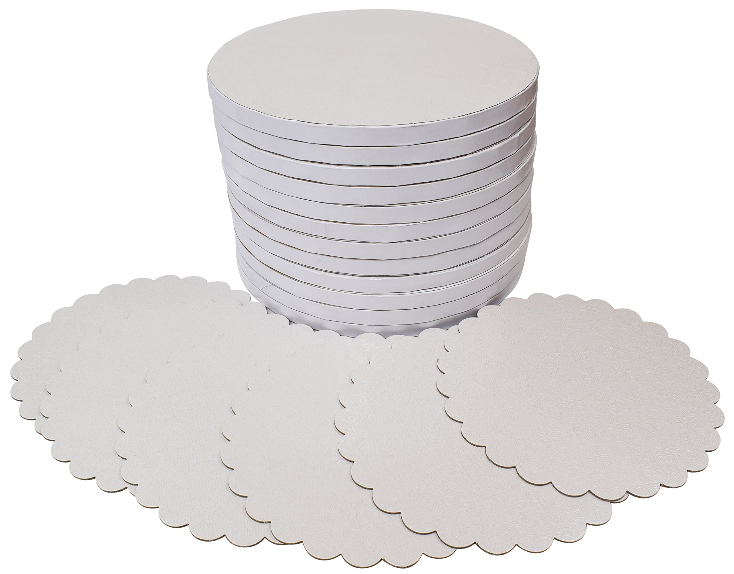 10 Inch White Round Cake Drums, 12 Pack, 1/2 Inch Thick, Smooth Edge, Sturdy and Greaseproof Boards Made of Corrugated Paper, Covered With Beautiful Flower Pattern, Bonus - 6 Scalloped-Edge Plates