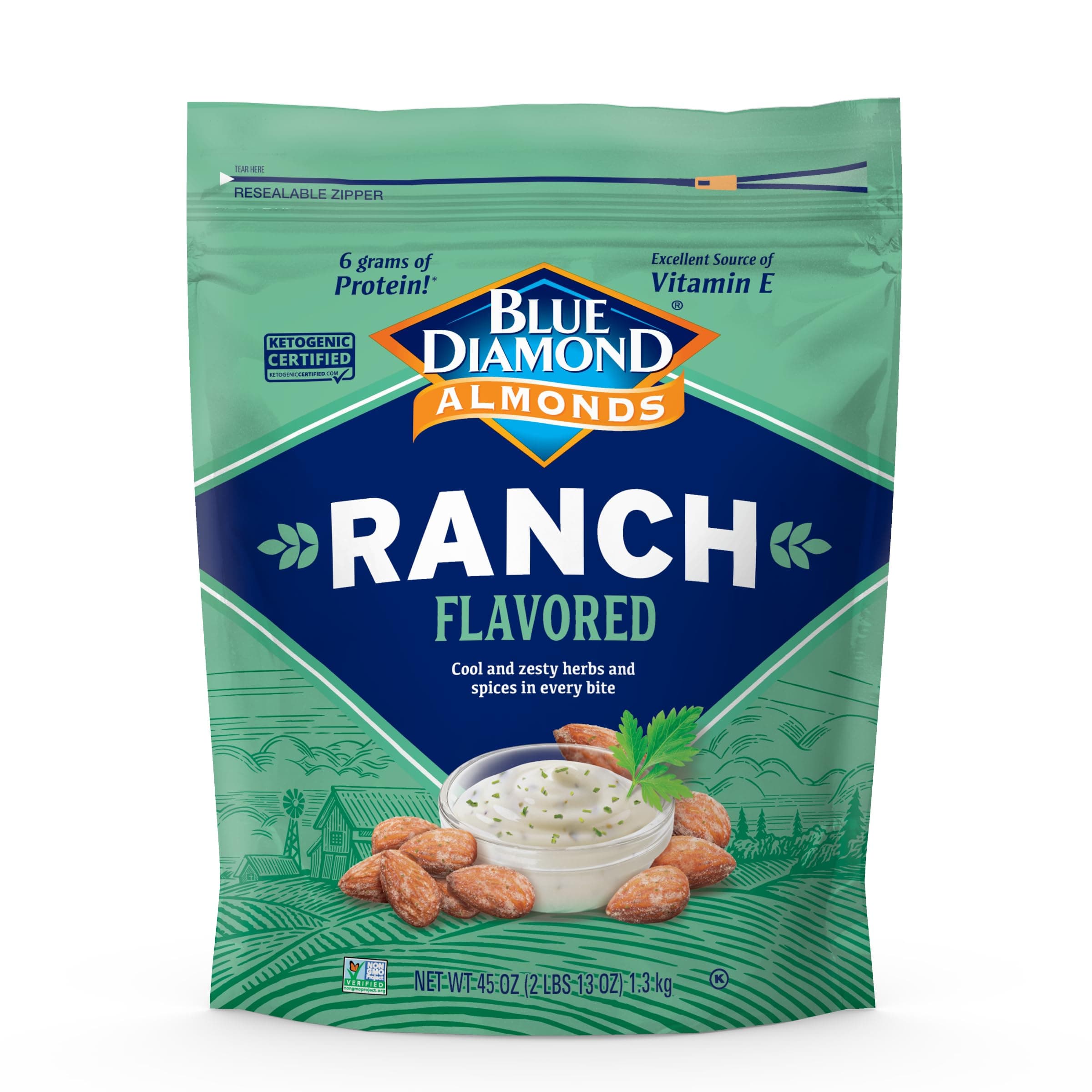 Blue Diamond Almonds, Ranch Flavored Value Bag Snack Nuts Perfect for Bulk Pantry Staples and Keto Friendly Snacking 45 Oz Resealable Bag (Pack of 1)
