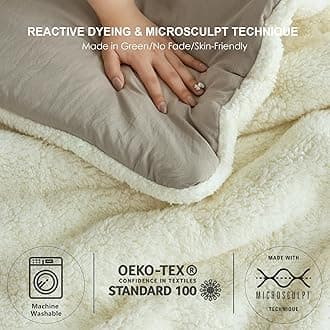 COTTEBED Reversible Sherpa Bed Comforter Queen Set - Lightweight But Warmth Softness Shabby Comforter Set for Full Size Bedding, 3 Piece Fluffy Western Farmhouse Down Comforter Winter, Beige and White