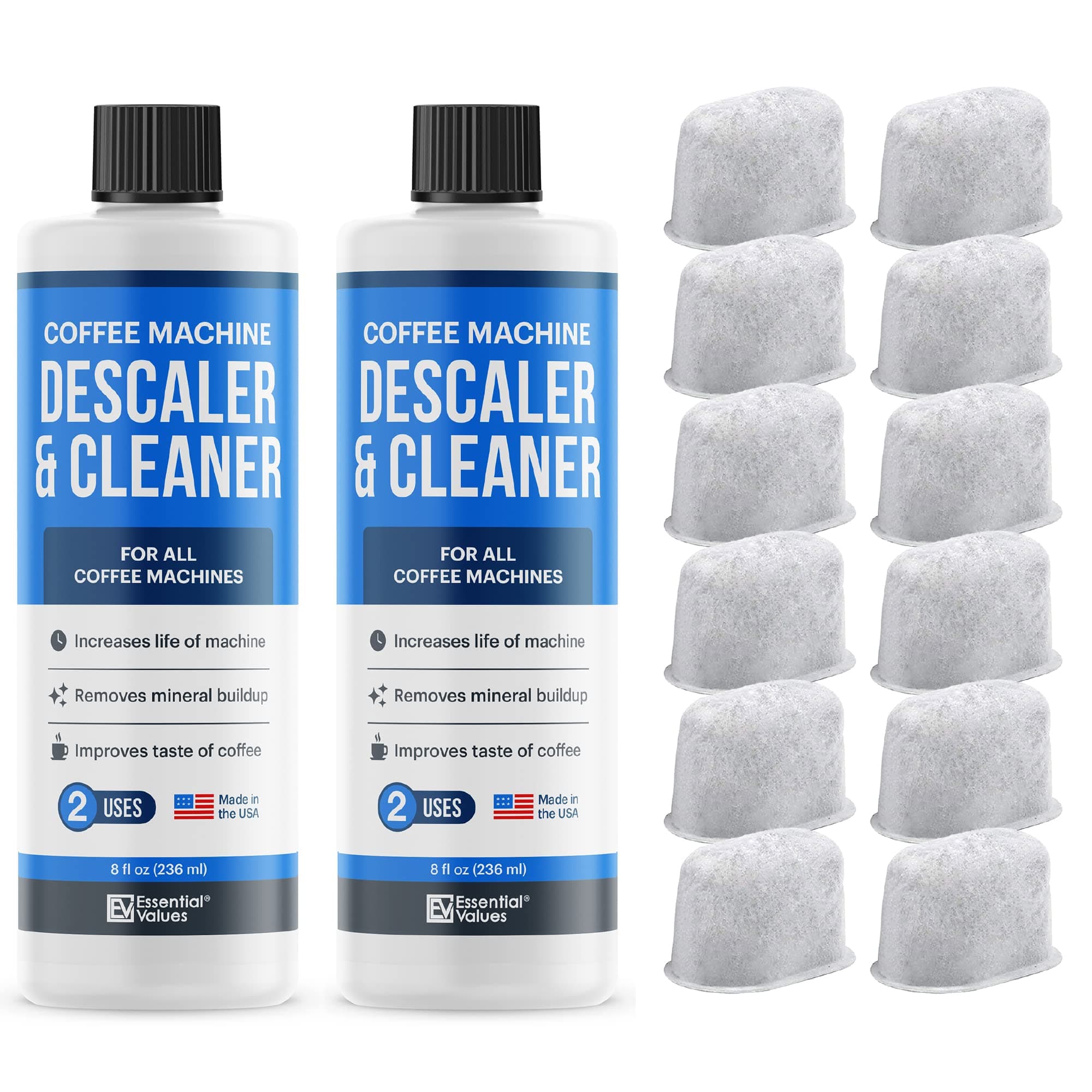 Essential Values Universal Descaling Solution (2 Pack, 4 Uses Total + 12 Filters), Designed For Keurig, Nespresso, Delonghi and All Single Use Coffee and Espresso Machines - Proudly Made In USA