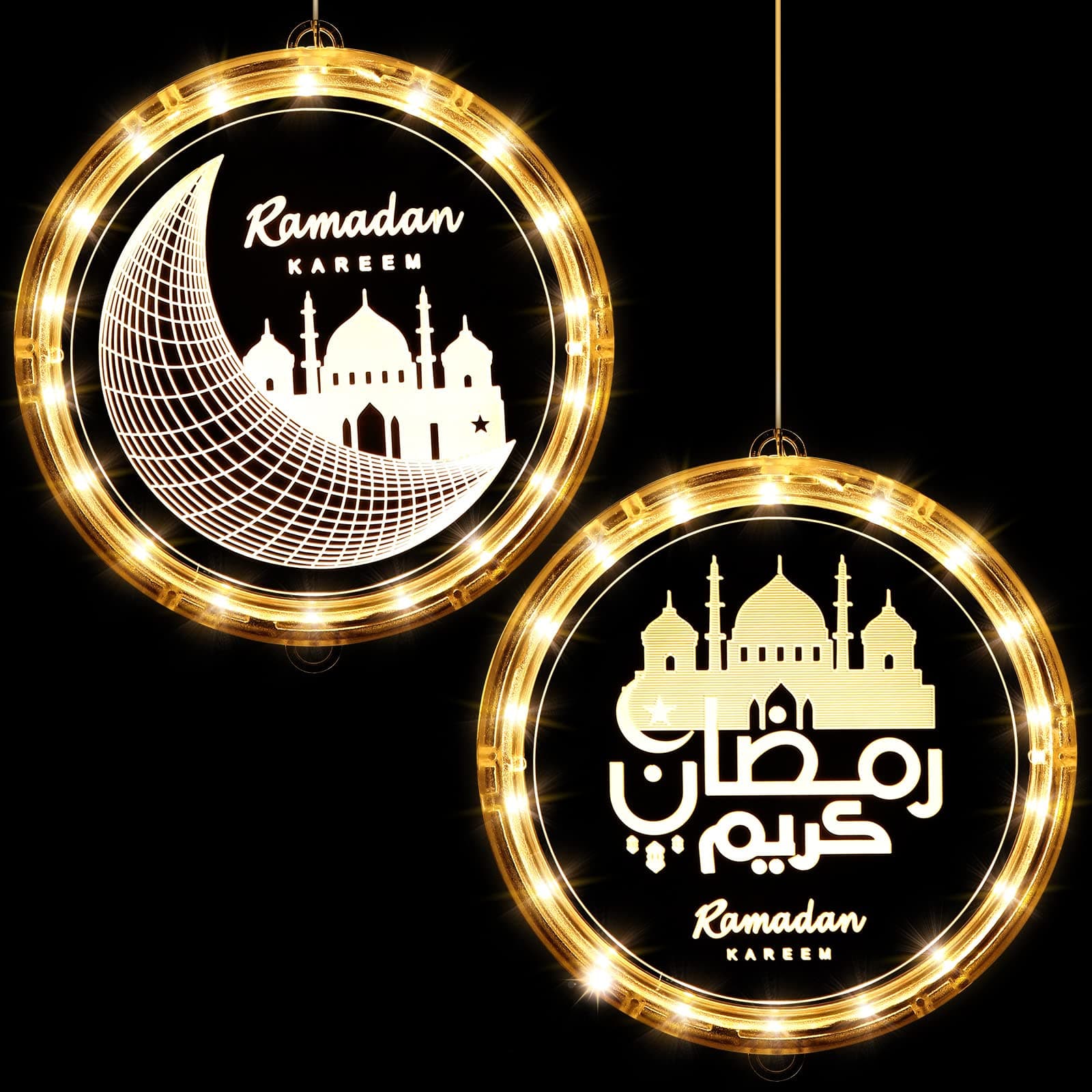 Hortsun 2 Pieces Eid Ramadan Decorative Window Lights Moon Star LED Lights Ramadan Lights Decorations for Eid Mubarak Xmas Eve Wall Pathway Patio Bedroom Window Decoration (Castle Style)