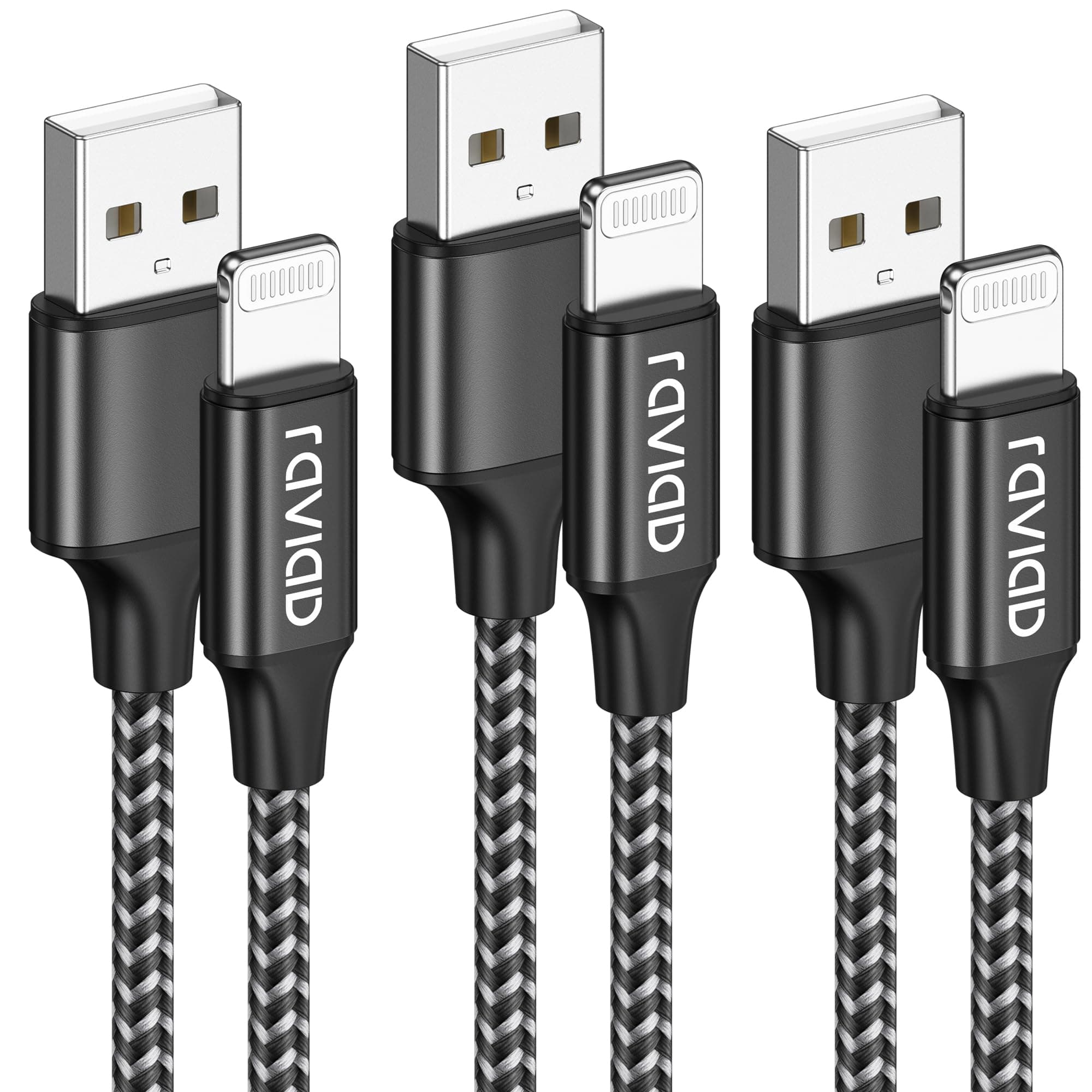 RAVIAD iPhone Charger Cable 3Pack 1M/3.3FT [MFi Certified] Nylon Braided Lightning Cable Fast Charging&Sync Lightning Charger for iPhone 14 13 12 11 Pro Max X XS XR 10 8 7 Plus 6 6s 5s SE 2020, Black