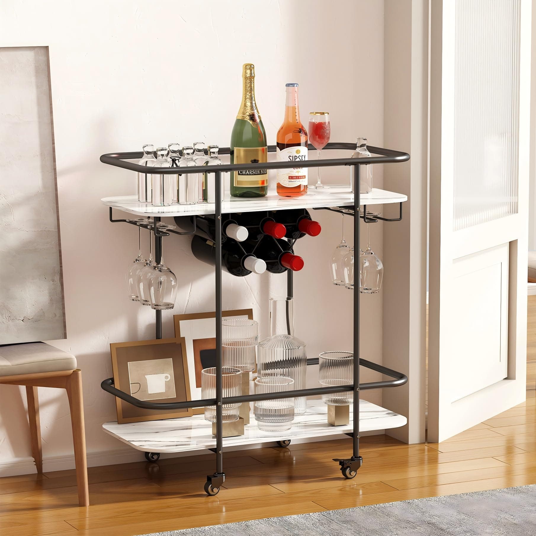 2 Tier Mobile Drinks Trolley Bar Serving Cart on Wheels with Wine Rack and Glass Holder Modern Rolling Drinks Storage Trolley for Home Kitchen Party (Black)