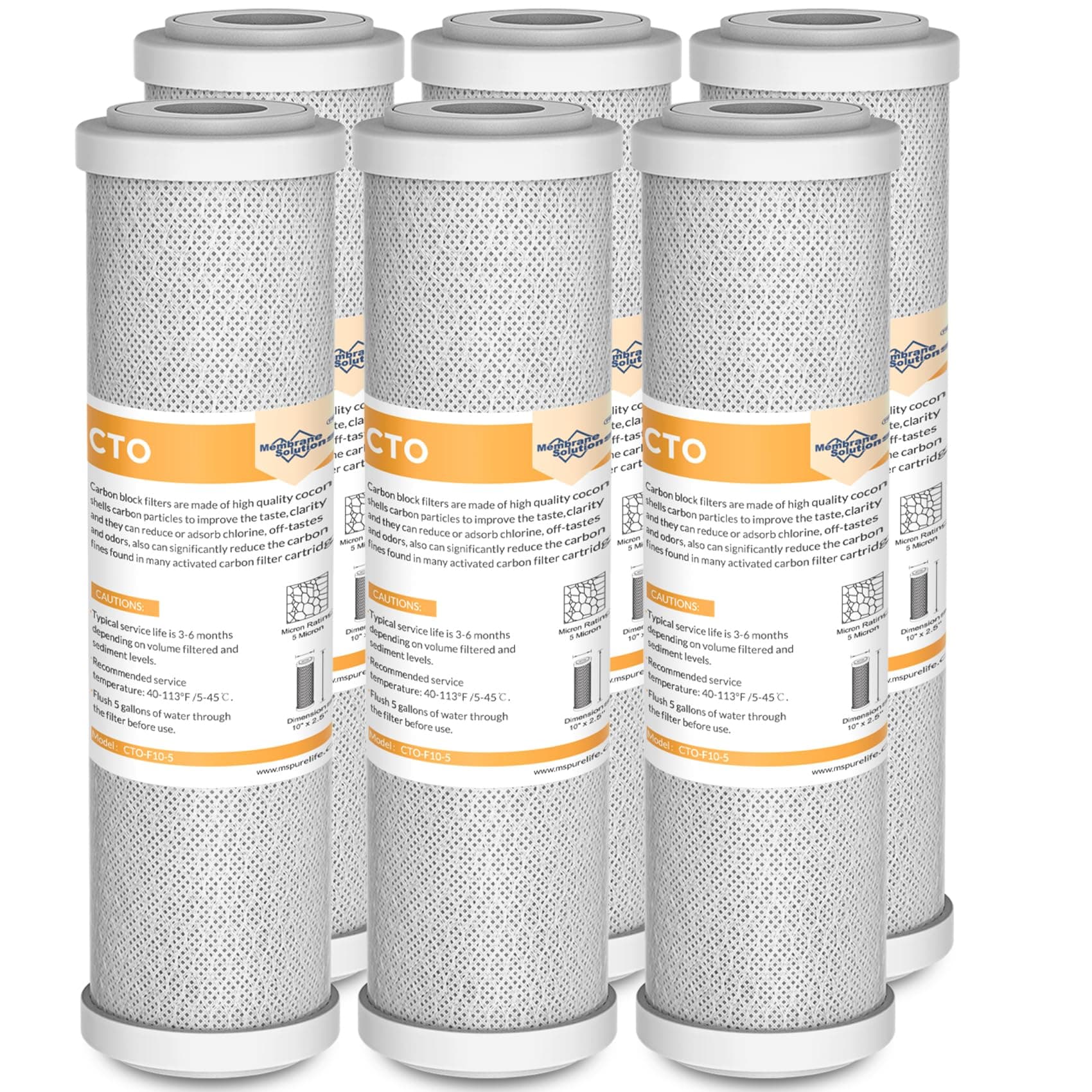 Membrane Solutions 5 Micron 2.5" x 10" CTO Carbon Block Water Filter Cartridge Replacement for Whole House Filtration Systems, Compatible with WFPFC8002, WFPFC9001, FXWTC, WHKF-WHWC, 6-Pack