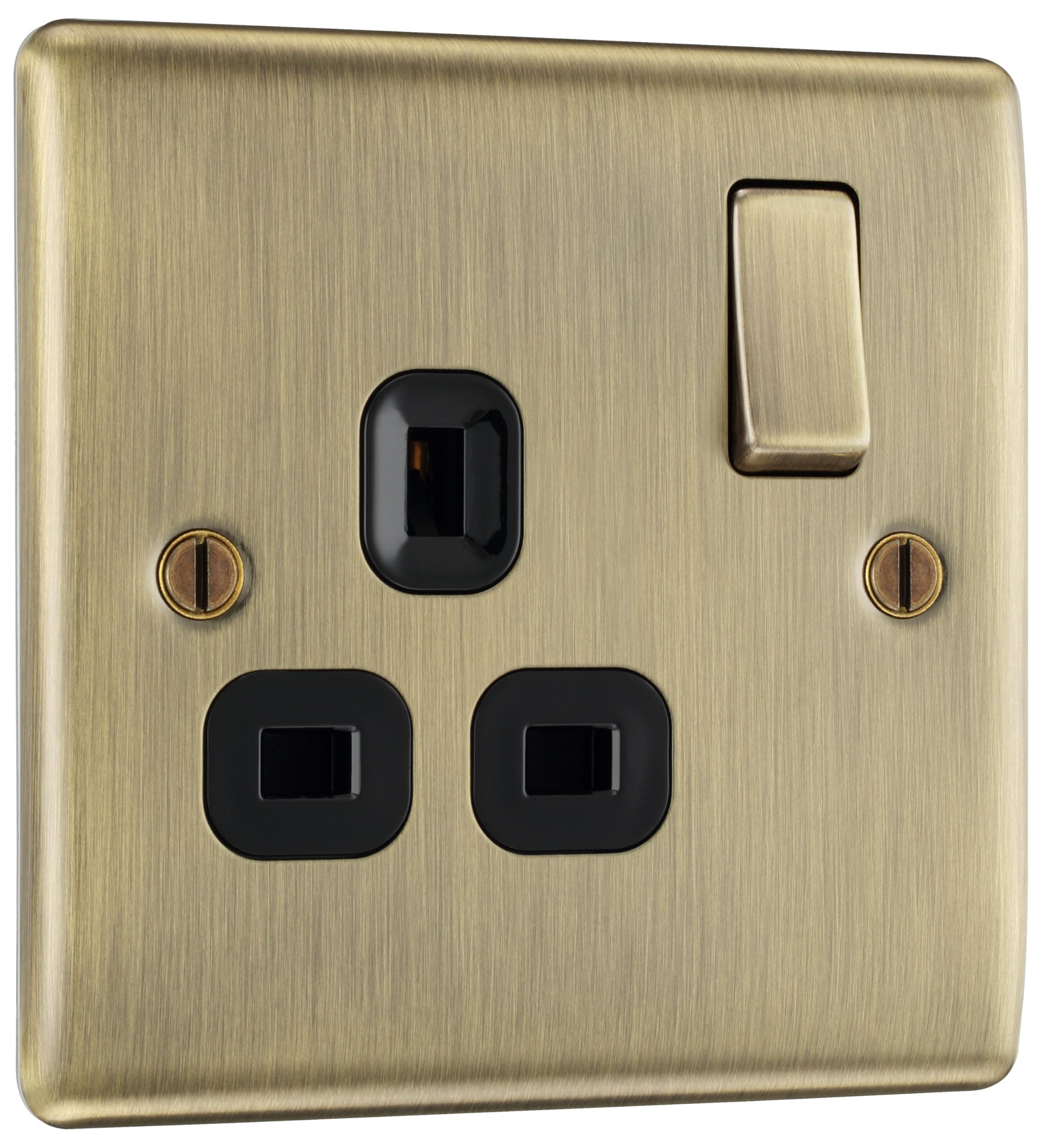 BG Electrical Single Switched Power Socket with Black Inserts, Antique Brass,...