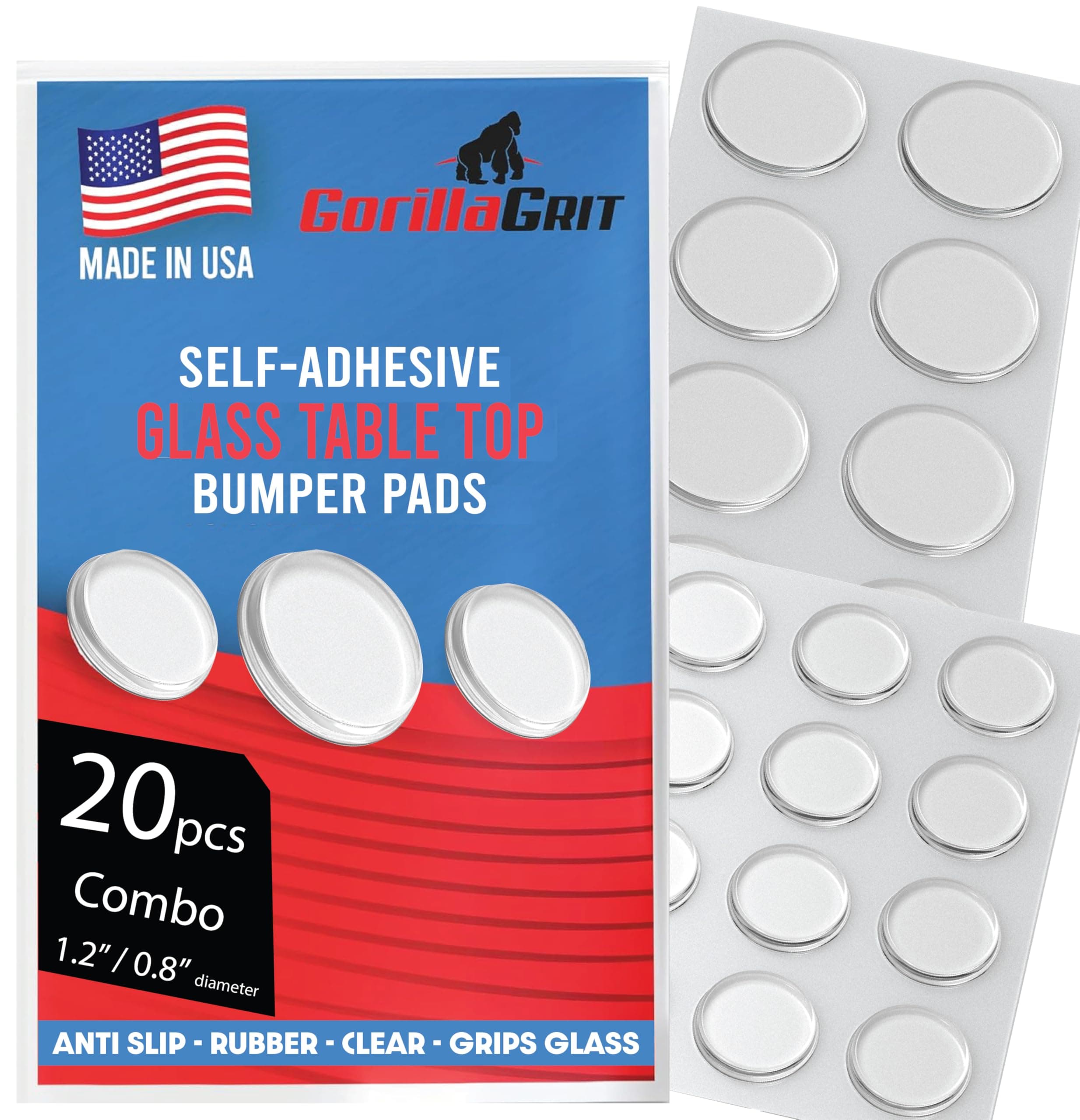 GorillaGrit Round Clear Adhesive Bumpers Combo (Large, Medium) - Transparent Self Stick Rubber Pads for Glass Table Top, Furniture, Laptop, Mirrors - 20 PCs