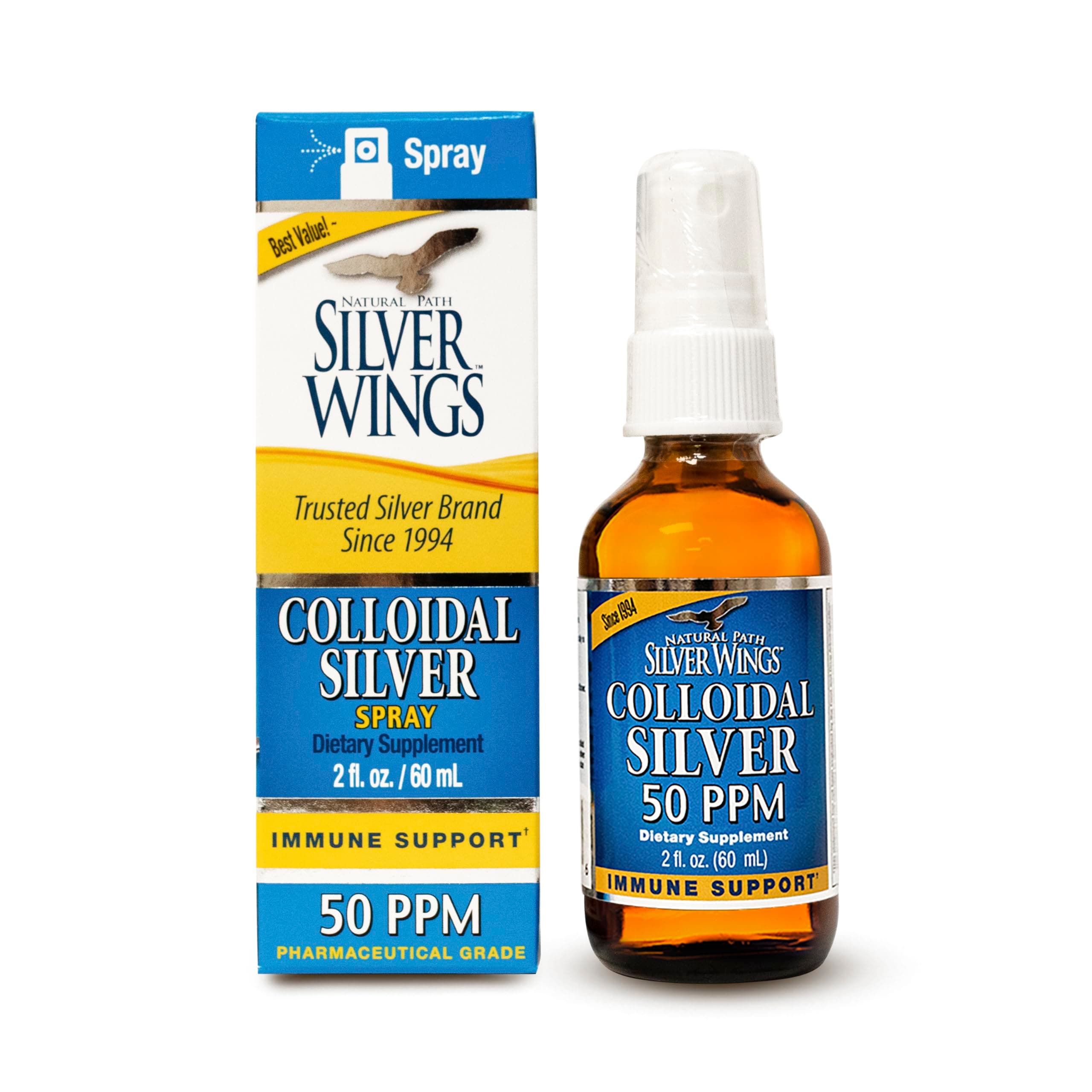 Natural Path Silver Wings Colloidal Silver Liquid - Daily Immune Support Supplement - 50ppm (250mcg) - 2 fl oz Spray