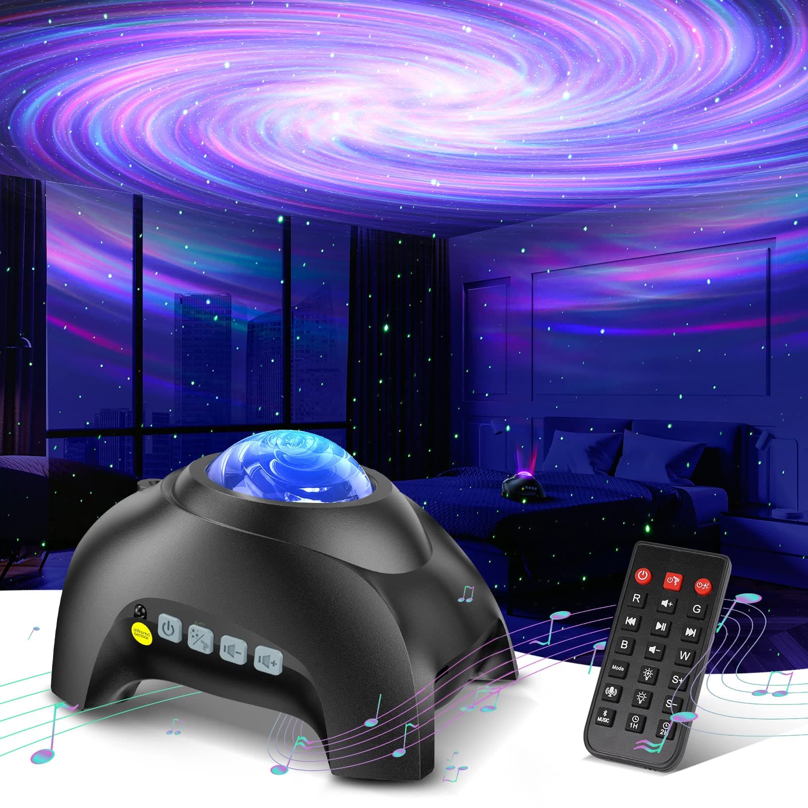 Northern Galaxy Light Aurora Projector with 33 Light Effects, Night Lights LED Star Projector for Bedroom Nebula Lamp, Remote Control, White Noises, Bluetooth Speaker for Parties, Jet Black