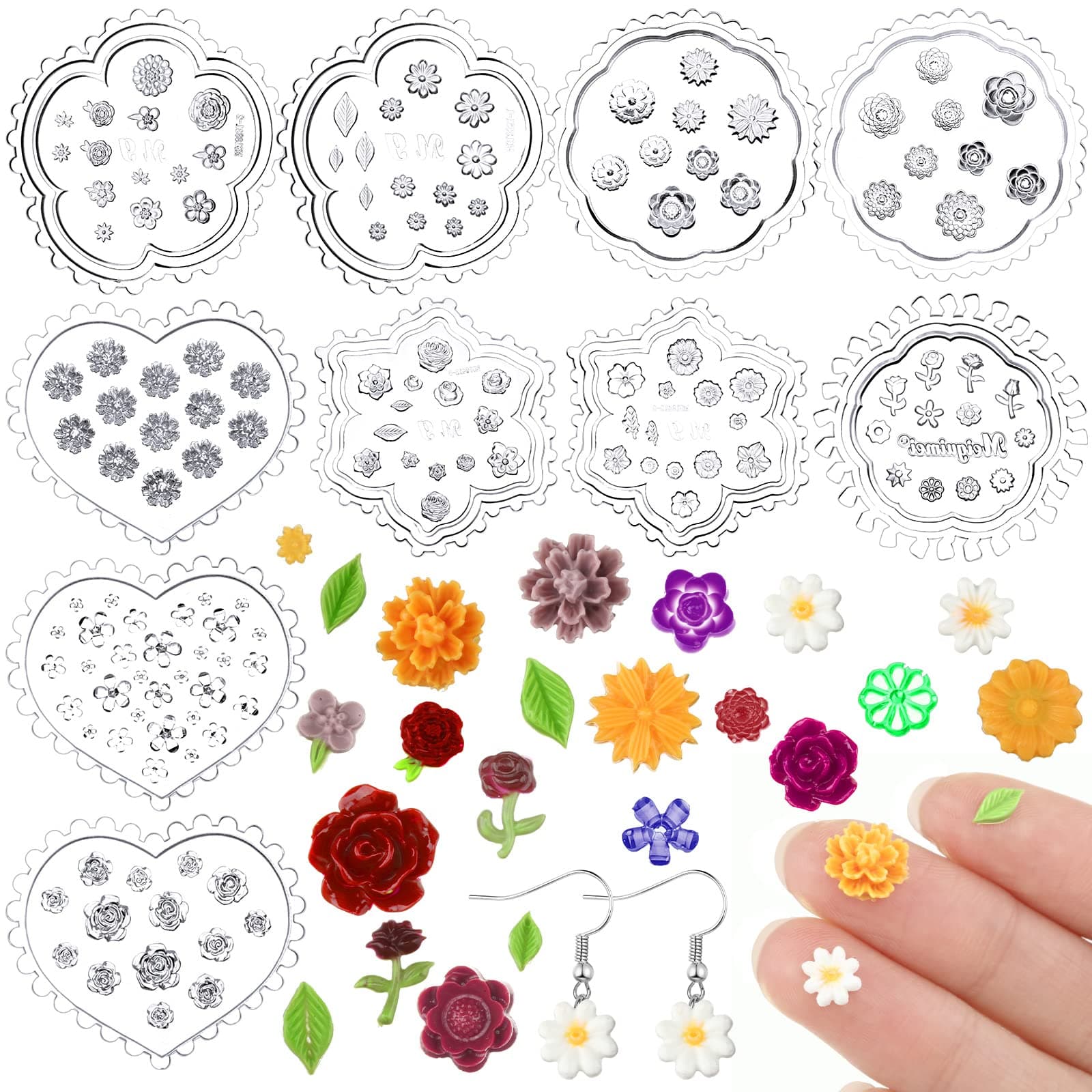 Nuenen 10 Pcs Spring Small Flower Polymer Clay Molds Mini Rose Daisy Silicone Polymer Clay Molds Small Floral and Leaf Craft DIY Tool for Jewelry Earring Making Decoration(Floral Style)