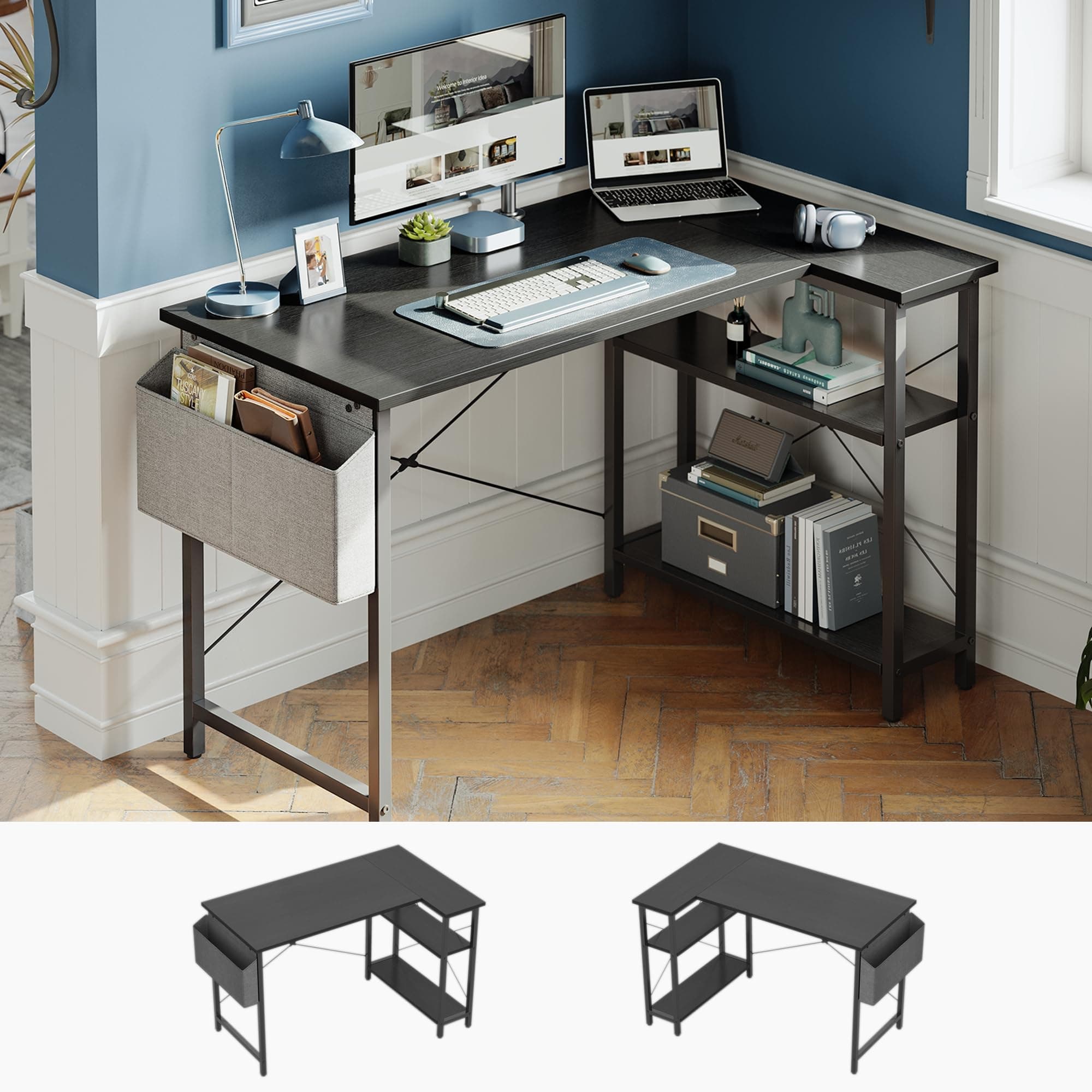 CubiCubi L Shaped Desk, 40" Computer Desk with Reversible Storage Shelves Home Office Corner Desk Study Writing Gaming Table, Pure Black