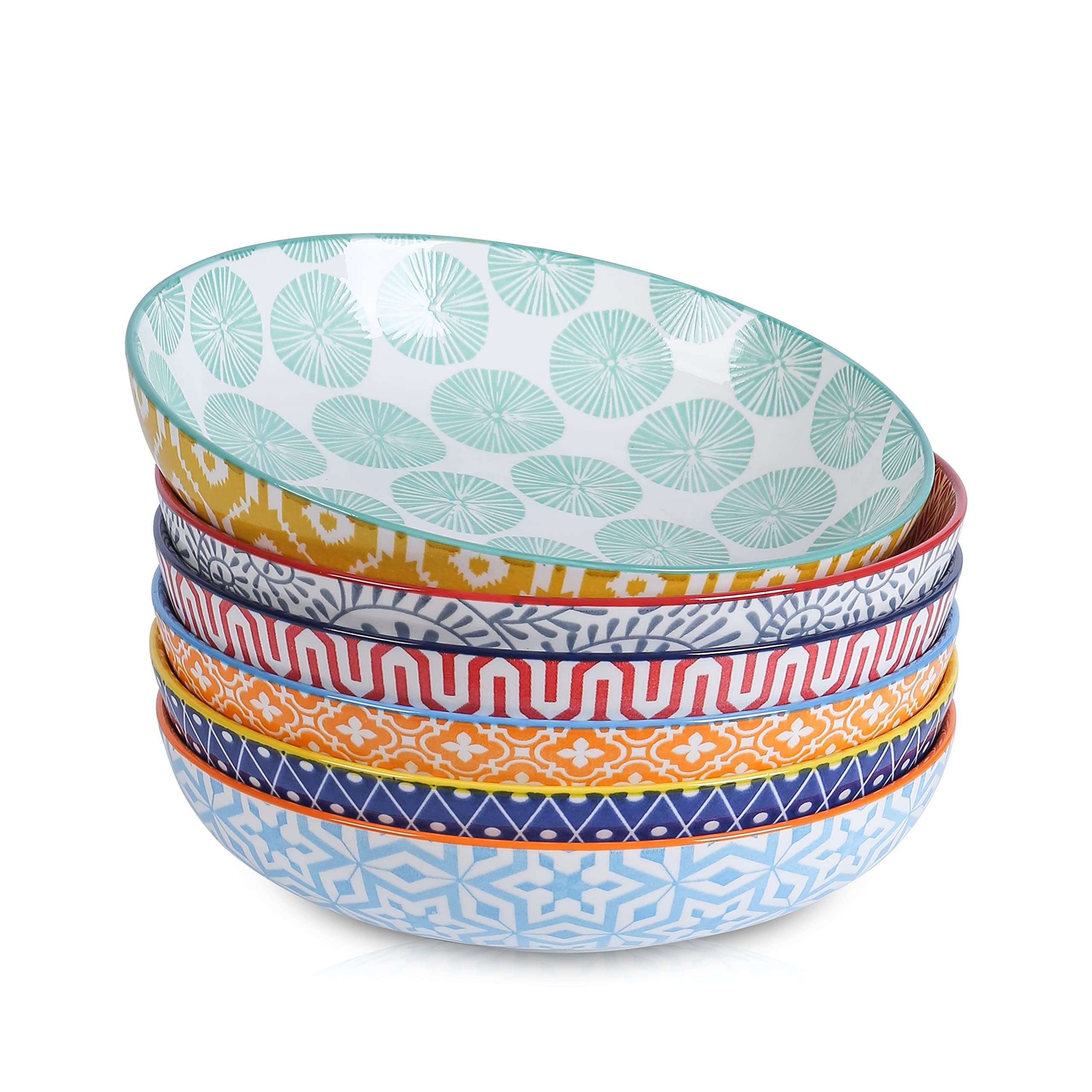 Porcelain 26 Ounce Pasta Bowls Set of 6, 8 inch Wide and Shallow Salad Bowls, Serving Bowls, Microwave & Dishwasher Safe, Sturdy & Stackable, Variety of Colors