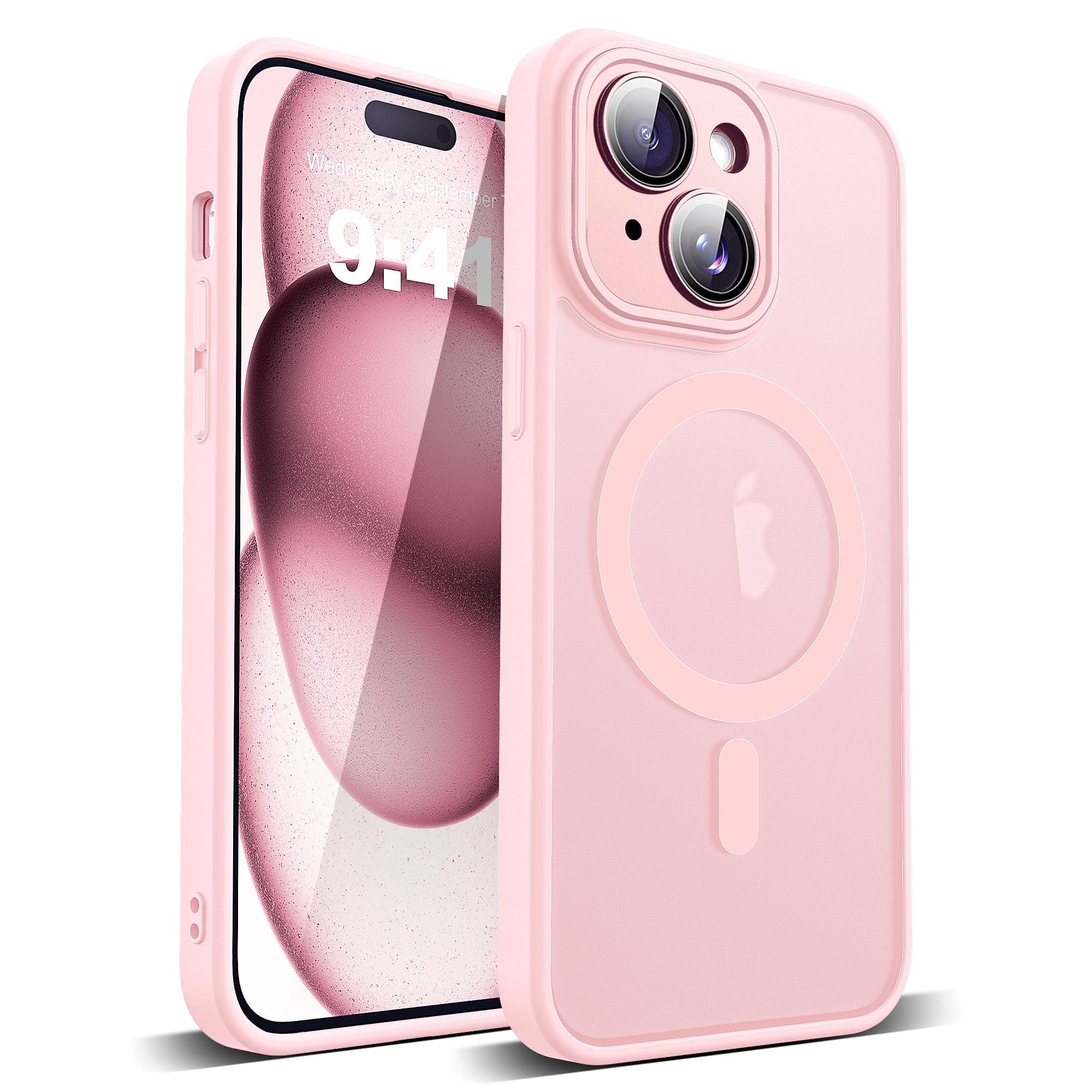 Compatible with iPhone 15 Case with Built-in Camera Lens Protectors Translucent Magnetic iPhone 15 Phone Case 6.1" [Compatible with Mag-Safe][Great Grip Feeling], Pink