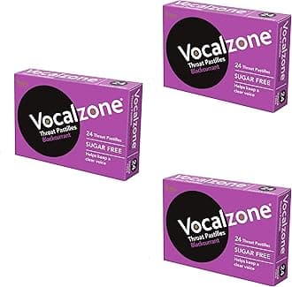 Vocalzone Throat Pastilles Blackcurrant Sugar Free 3 Packs 24- for Sore Throats and Hoarseness When Overusing Your Voice. Produced and Sold in The United Kingdom Since 1912.