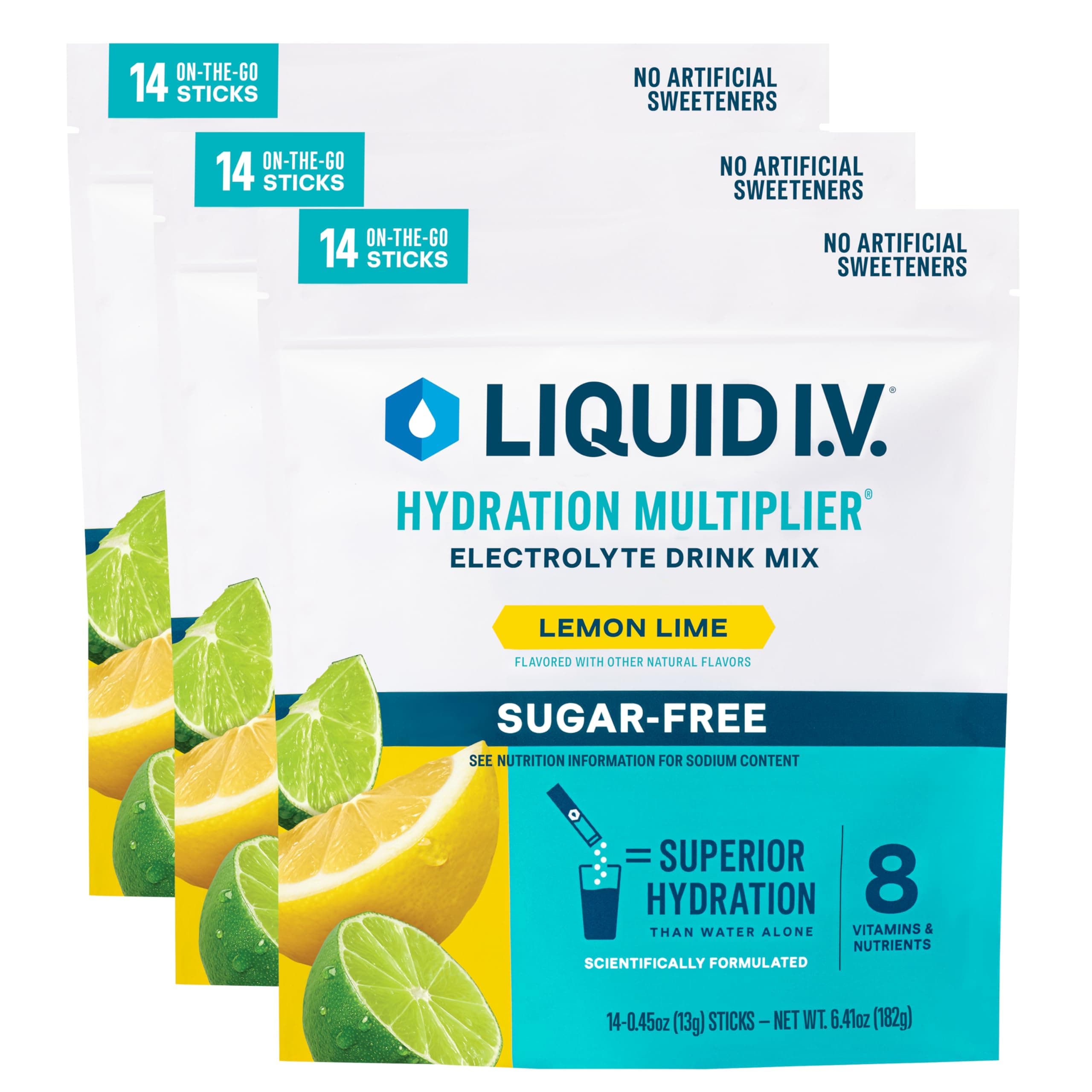 Liquid I.V.® Hydration Multiplier Sugar Free – Lemon Lime | Electrolyte Powder Drink Mix | 3 Pack (42 Servings)