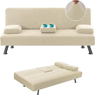 H.VERSAILTEX 4 Pieces Stretch Futon Covers Sofa Bed Slipcover with Removable Armrests and Cupholders Covers Furniture Protector High Spandex Small Checks Jacquard Fabric, Natural