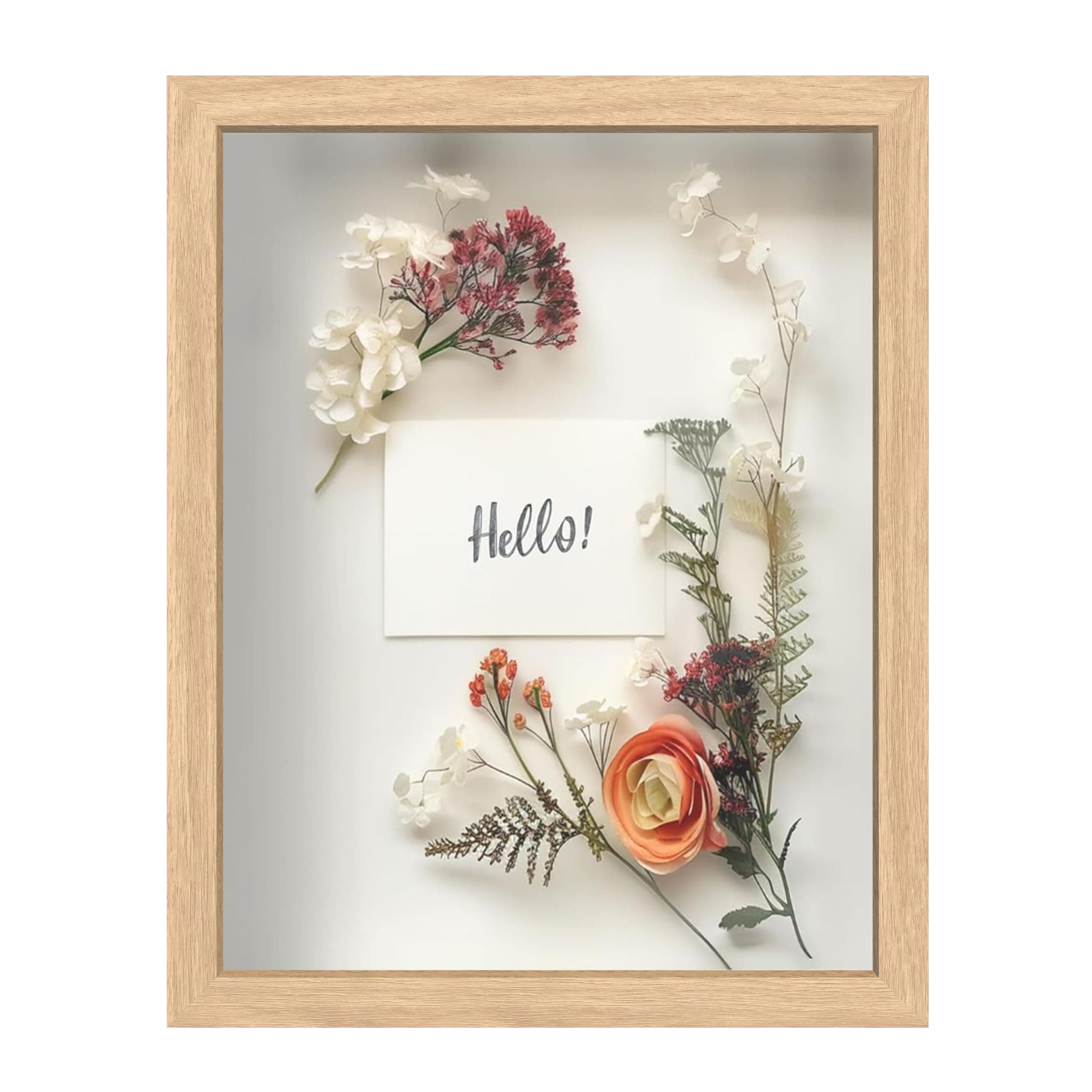 FrameWorks 11” x 14” Natural Oak Wooden Shadow Box Frame – Soft Felt Back, Tempered Glass, and Included Elegant White Ball Push Pins