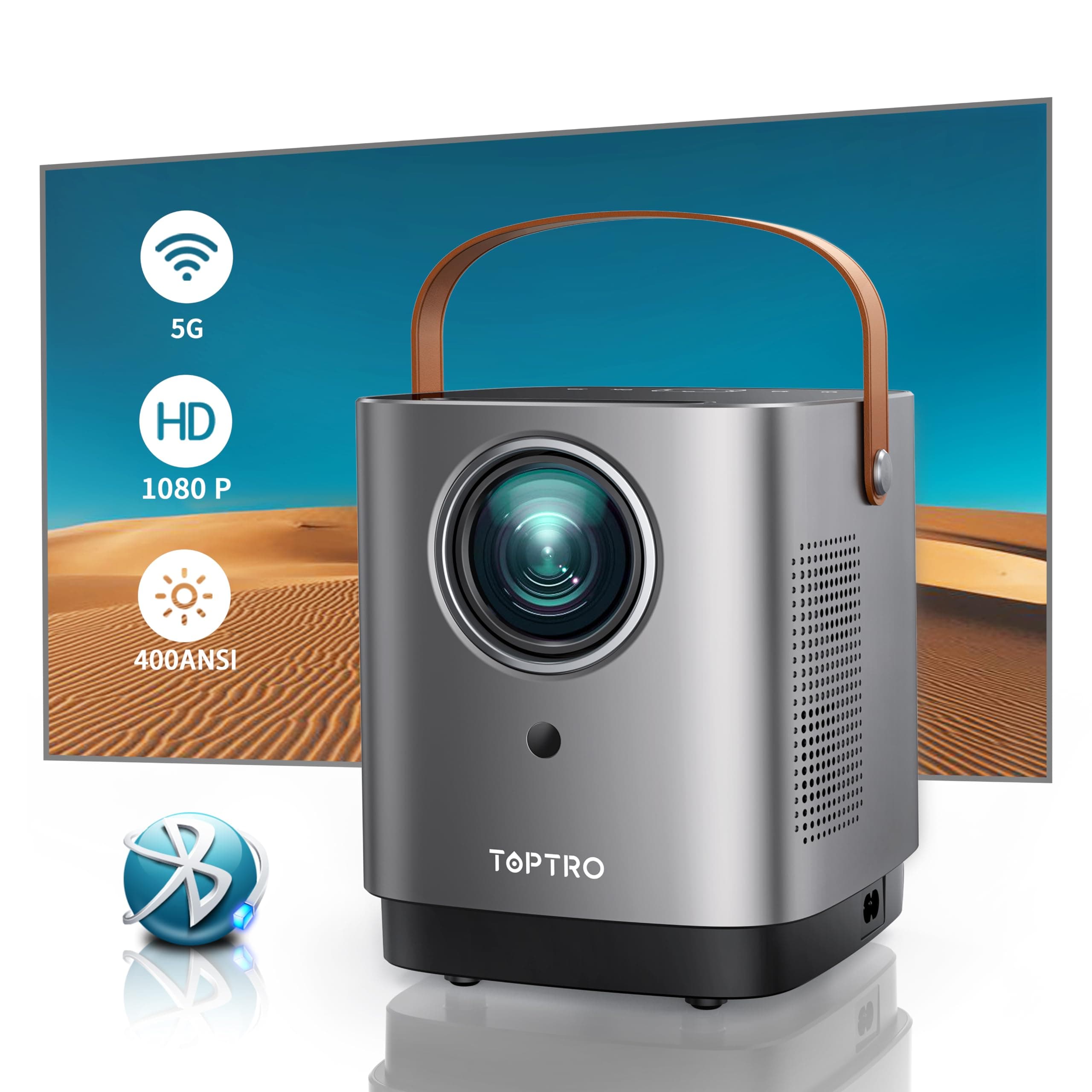 Mini Projector TOPTRO Portable Projector Support Full HD 1080P, 400 ANSI, 5G WiFi Bluetooth Video Projector with Touch Screen Buttons, Home Movie Projector Compatible with Smartphone, TV Stick