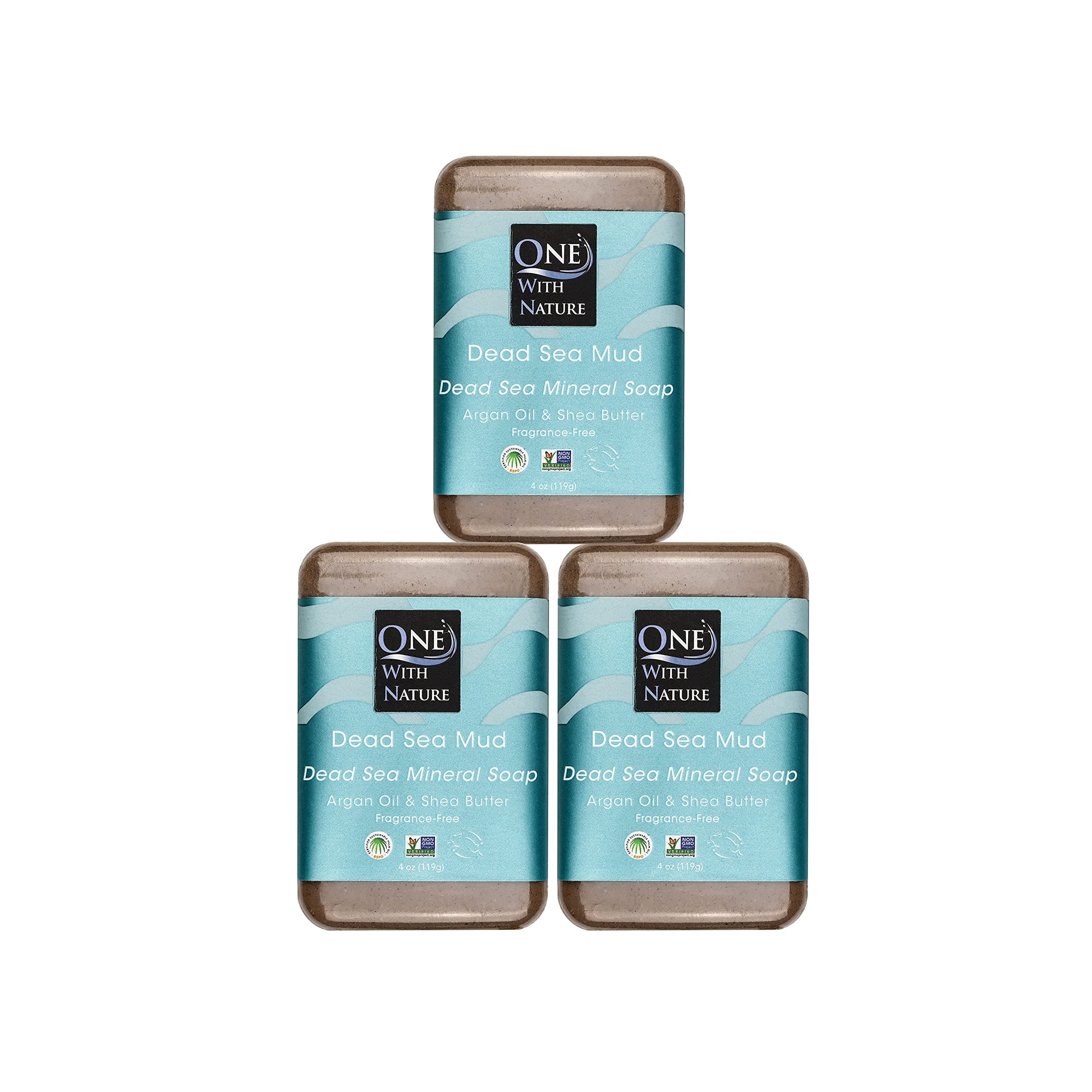 One With Nature Dead Sea Mud Soap 4oz 3-Pack – Purifying and Exfoliating Soap Bar with Dead Sea Salt Minerals for Face & Body, for Men & Women, Unscented