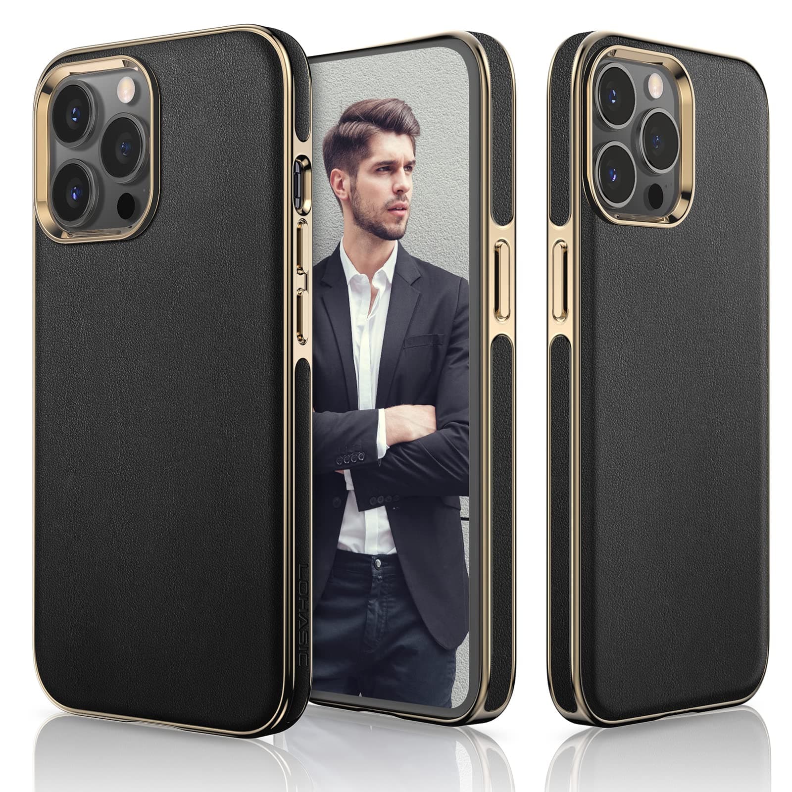 LOHASIC Designed for iPhone 13 Pro Max Leather Case, Premium Business Slim Classic Cover Soft Grip Shockproof Men Phone Cases Compatible with iPhone 13 Pro Max 5G 6.7 inch - Black Gold