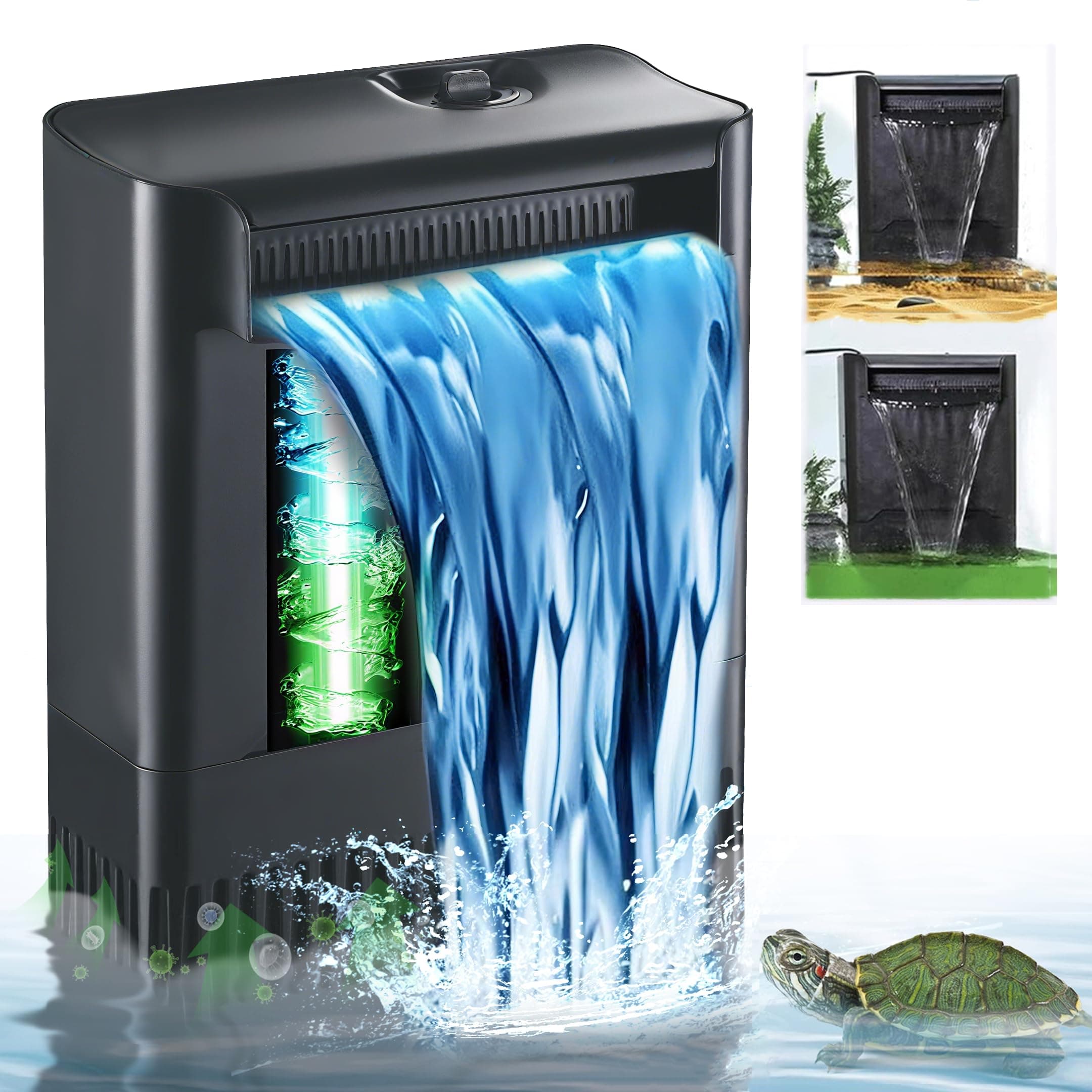 Turtle Tank Filter w/ U-V Light for Large 40-150 Gal Tank 4-Stage Flow Adjustable Low Water Level Internal Deodorization Green Clean Machine Killing Cloudy Saltwater Freshwater Aquarium Crystal Clear