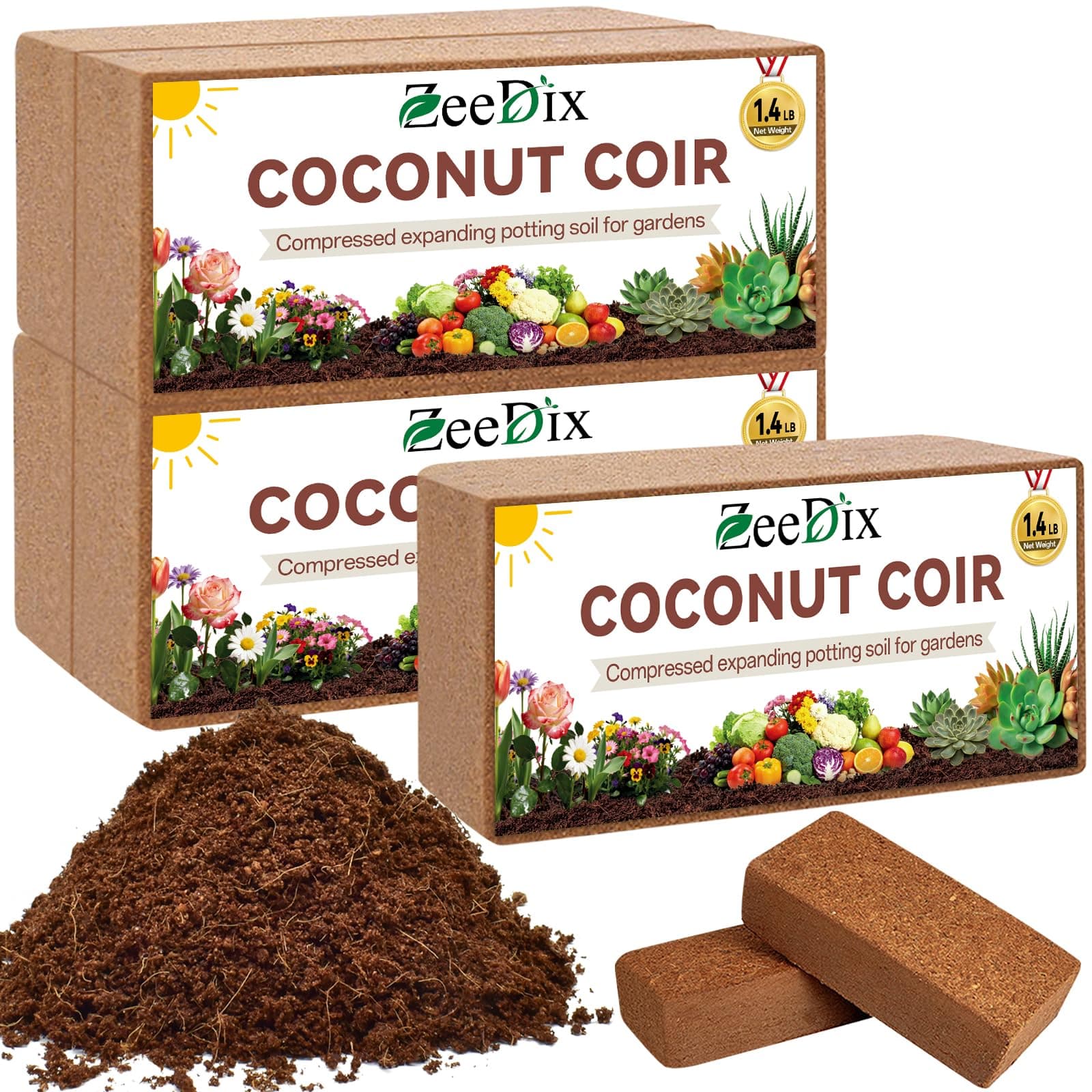 ZeeDix 5 Pack Premium Coco Coir Brick, Organic Compressed Coconut Coir Bricks Seed Starter Potting Soil for Plants, Coconut Fiber Substrate with Low EC & pH Balance for Gardening Flower Herbs
