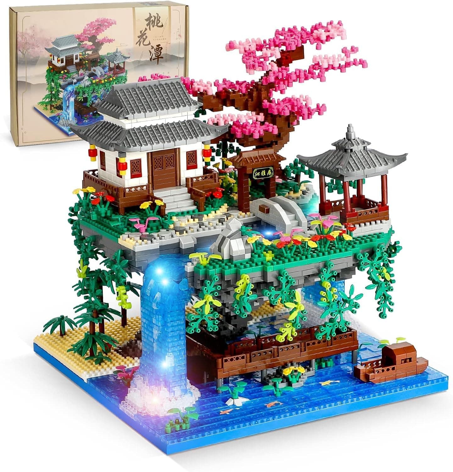 XTECH Peach Blossom Pond Micro Mini Building Blocks Set for Adults, Chinese Architecture Cherry Bonsai Gift Toys with Lights, Japanese Sakura Tree House Micro Bricks
