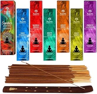 Simply VedicSignature Incense Sticks Gift Set | 120 Natural Hand-Rolled Non-Toxic Agarbatti with Holder | Sandalwood, Nag Champa, Oudh, Palo Santo, Lavender, Sage | Aromatherapy Meditation Pooja Home