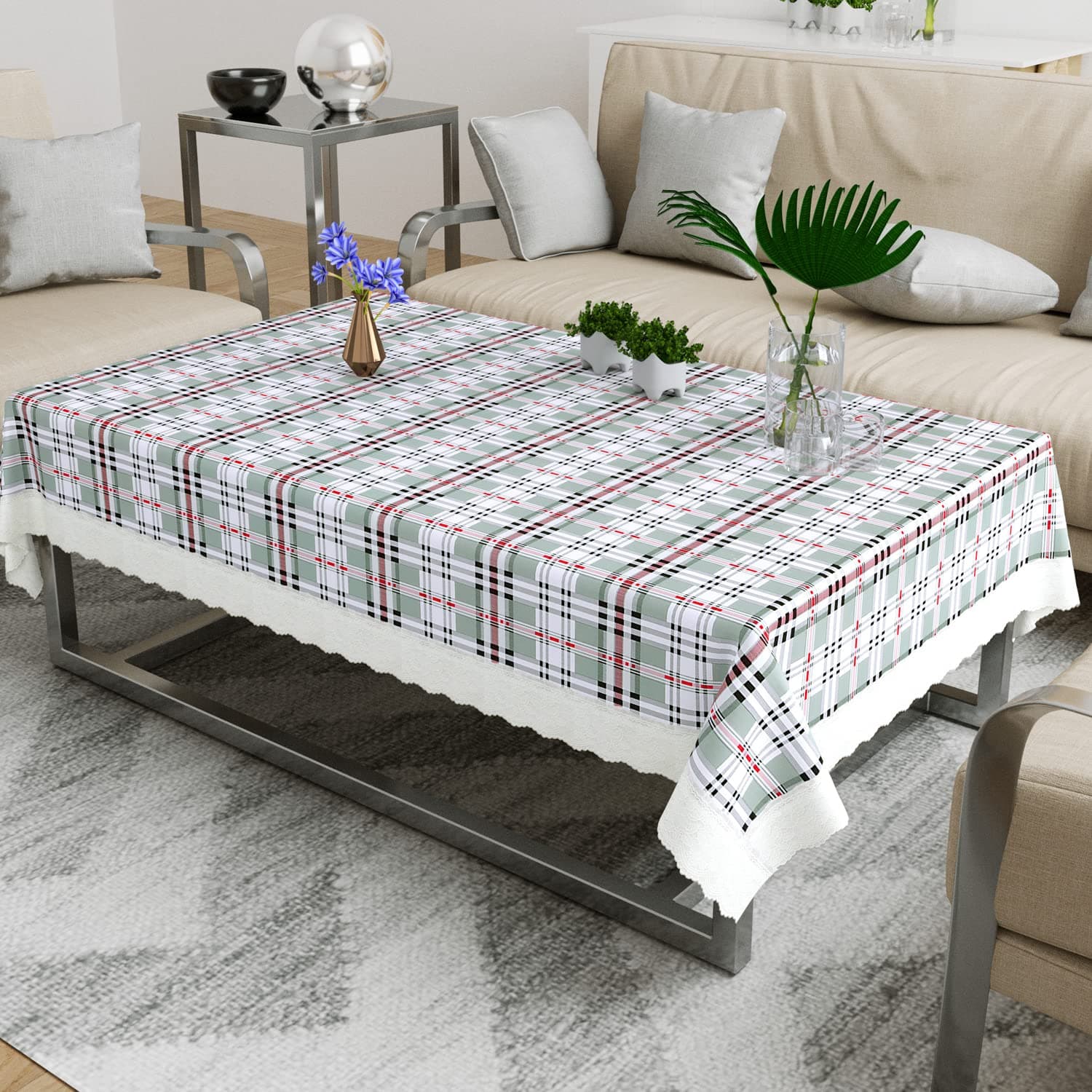 HOME365 Centre Table Cover (40 X 60 Inch) Multicolour Checked Printed Fabric with Lace | Anti Slip Rectangular Shaped Durable PVC Plastic Centre Table Cloth for Home, Restaurant, Office | White Lace