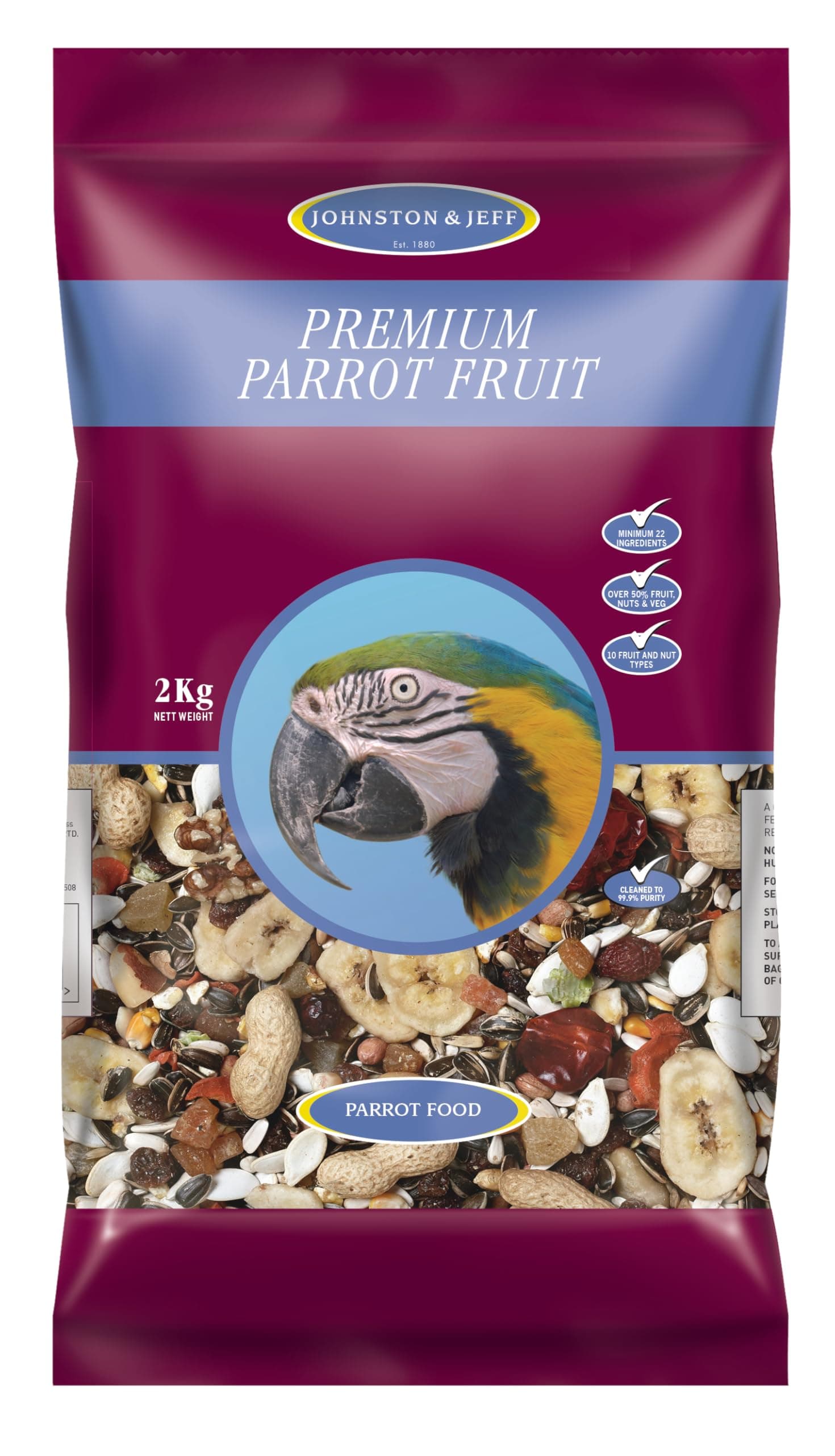 Johnston & Jeff Premium Fruit Parrot Seed 2kg - Mixed Aviary Blend, 22 Ingredients, Fruits, Nuts & Veg