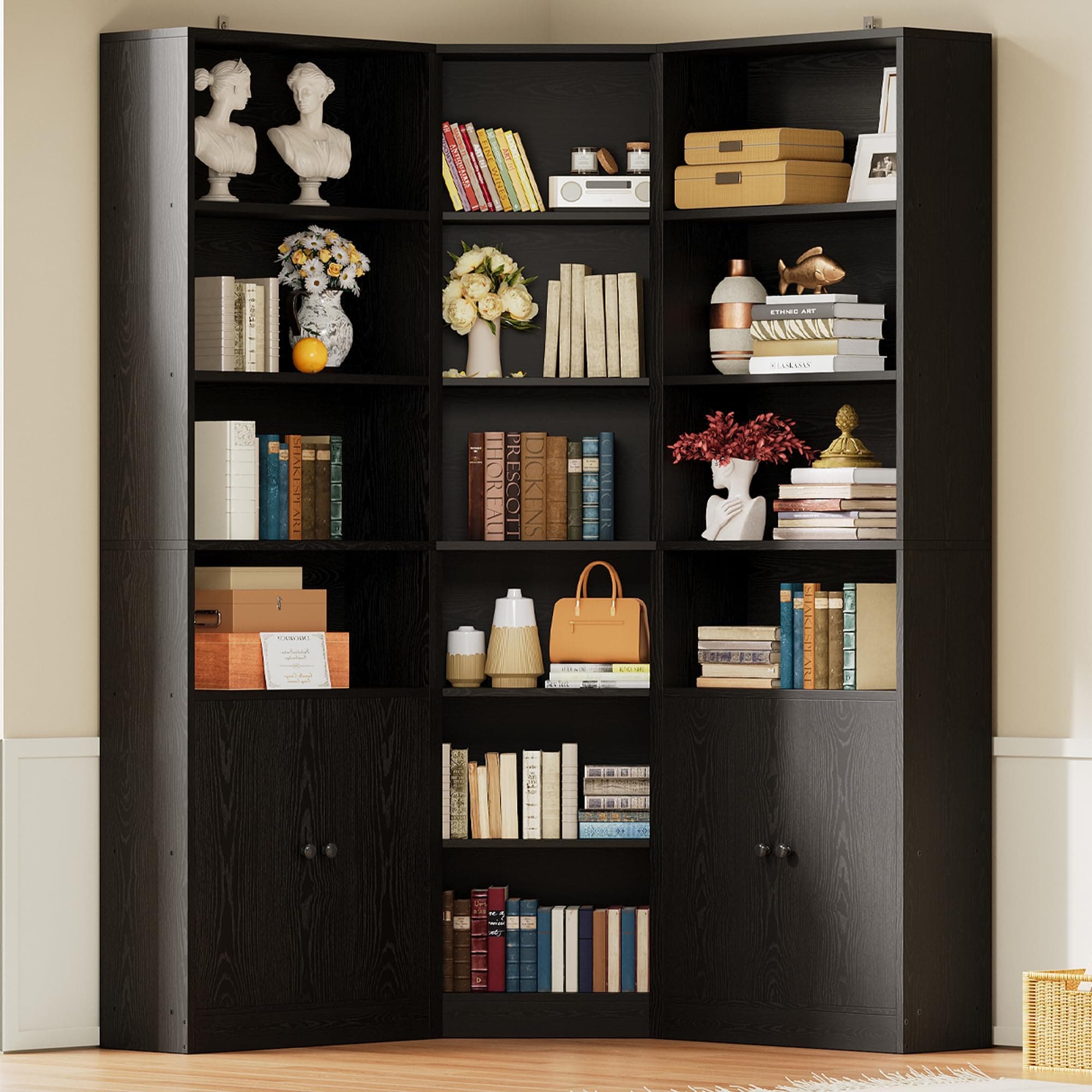 IRONCK Corner Bookshelf and Bookcase with 2 Storage Cabinets and 7 Tier Shelves, 71" Height Storage Shelves Corner Combination, Black