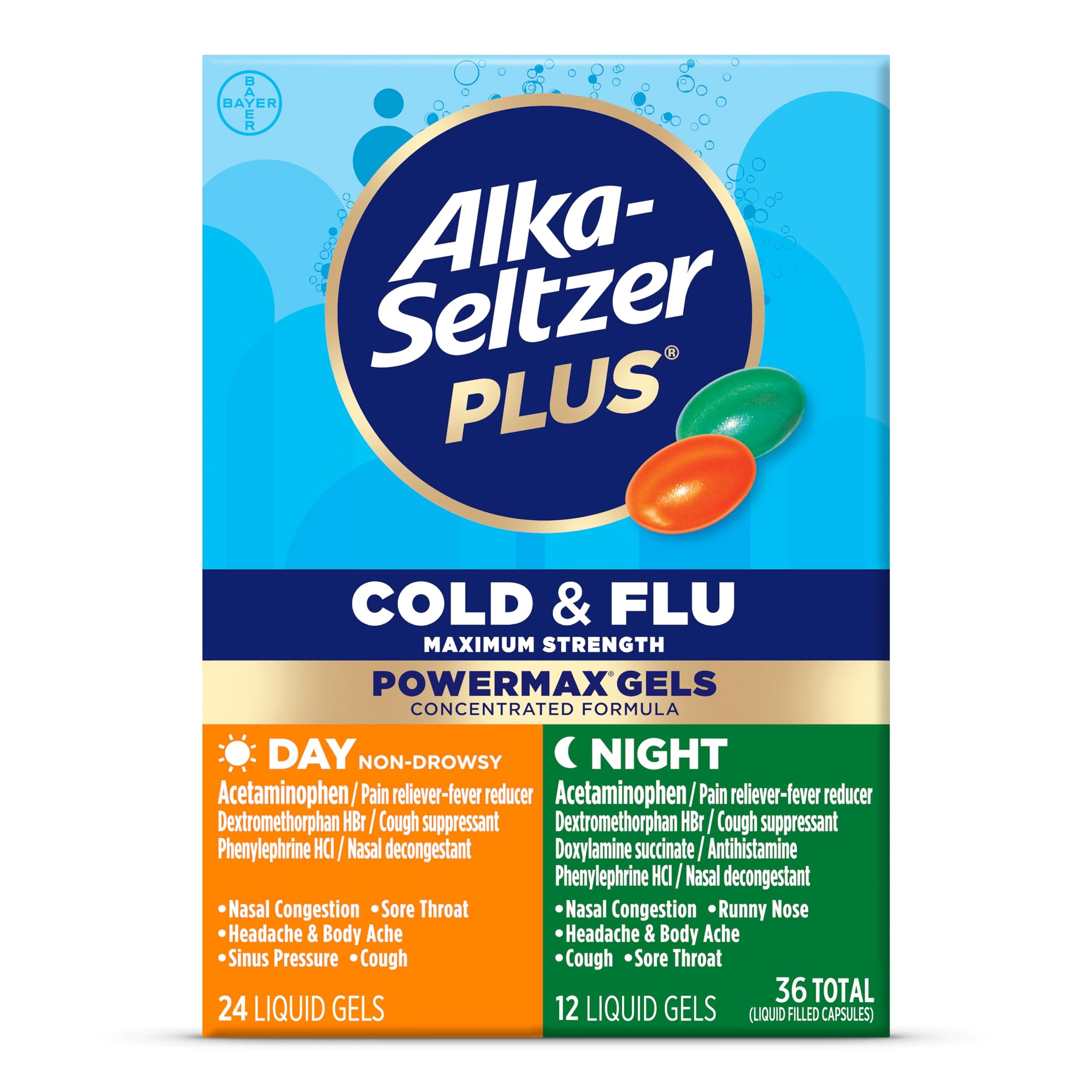 Power Max Cold & Flu Day+Night Medicine: Cough Suppressant, Cold and Flu Medicine For Adults and Children 12 Years and Older, 36 Count, Packaging May Vary