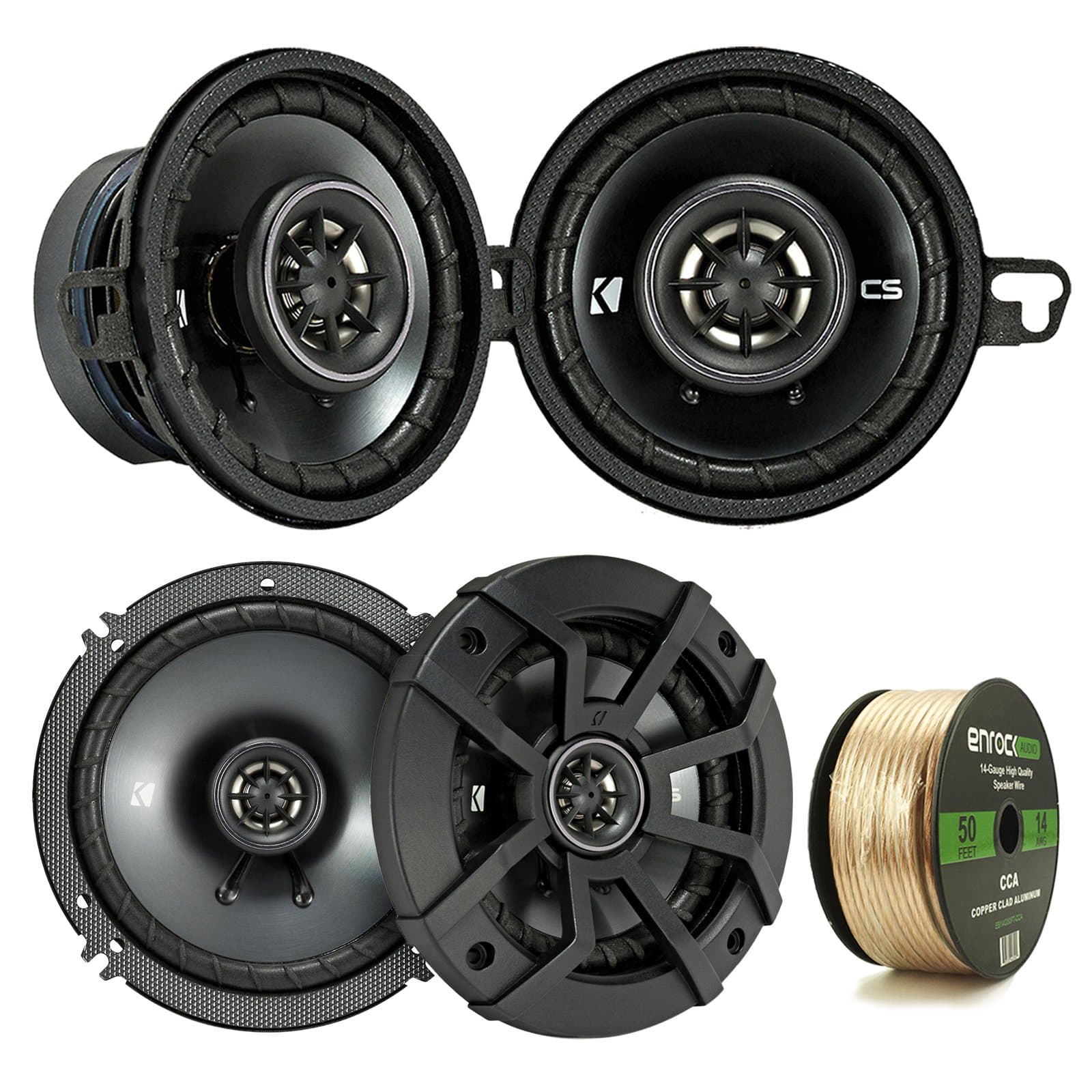 2 Pair Car Speaker Package: 2x Kicker CSC354 180-Watt 3.5" Inch 2-Way Black Coaxial Speakers + 2x CSC654 600-Watt 6-1/2" Inch 2-Way Speakers - Bundle Combo With Enrock 50 Foot 14 Gauge Speaker Wire