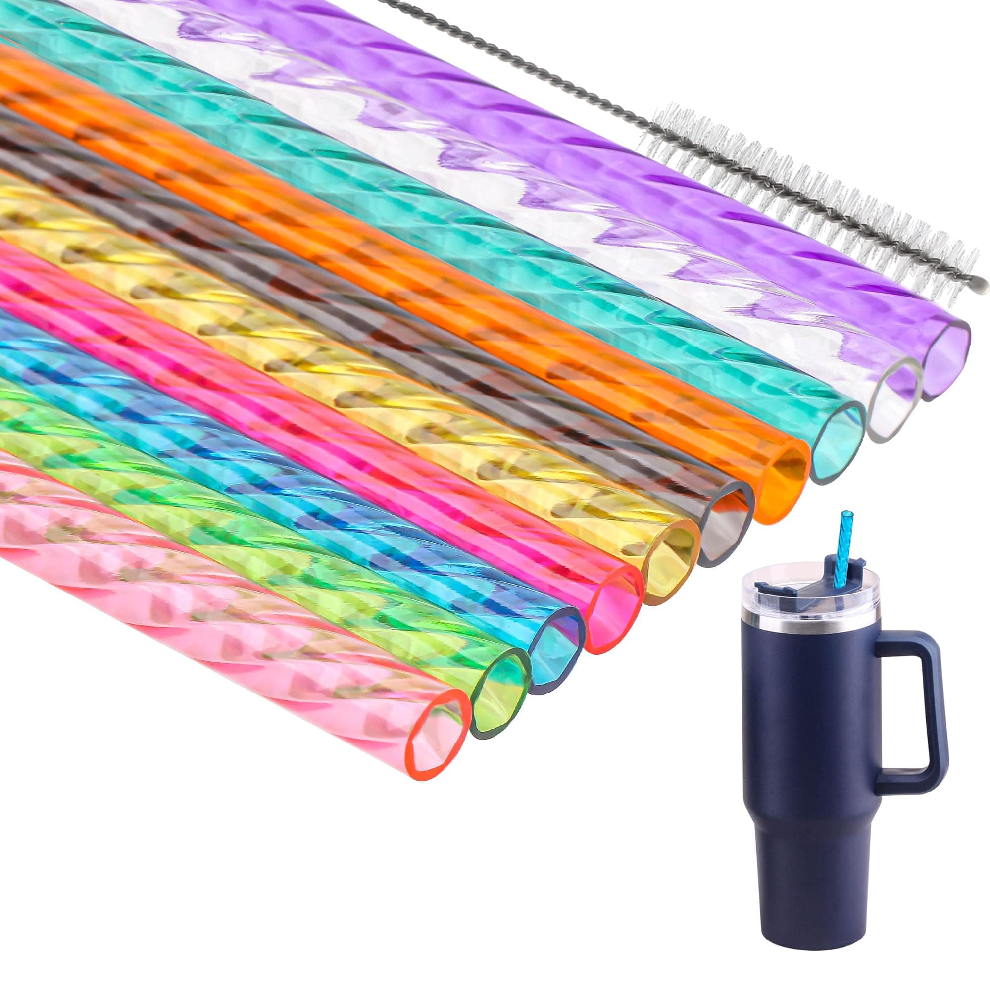 14 Inch 10 Color Replacement Reusable Drinking Straw for Stanley100 oz 64 oz 40 oz Tumbler,Plastic Swirl Straws for Stanley Tumblers Accessories,Set of 10 with Cleaning Brush