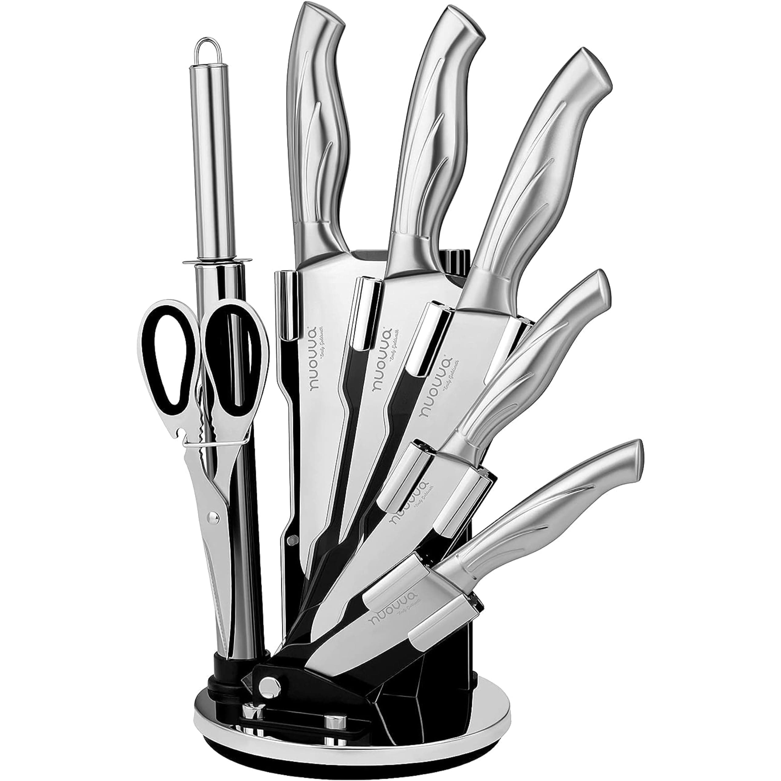 nuovva Kitchen Knife Set with Rotating Stand - Sharp Stainless Steel Knives Set - 360 Degree Rotating Block