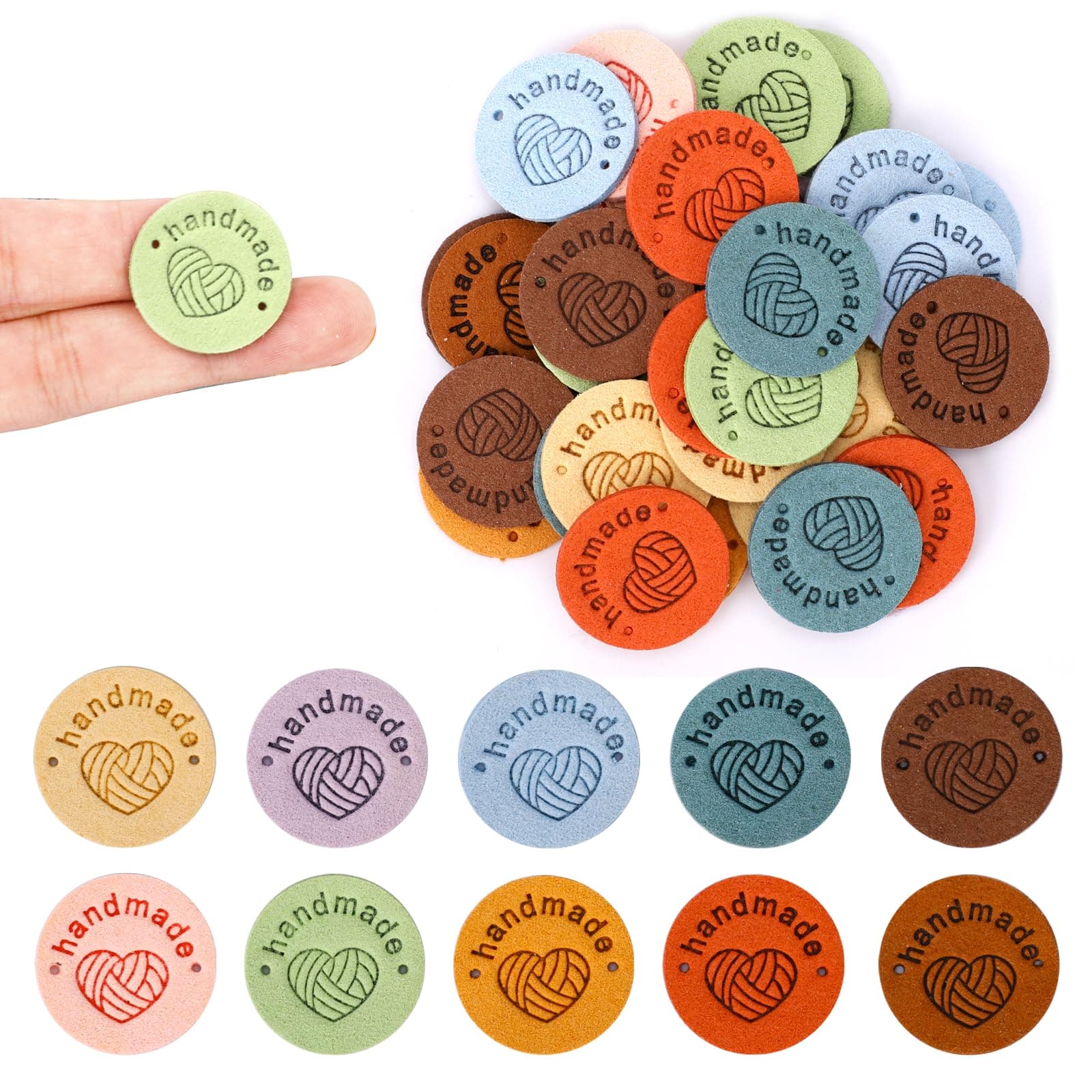 50 Pcs Handmade PU Leather Label Hand Made Embossed Tag Faux Leather Sew on Tag Label with Holes Embellishment Crochet Knitting Labels for Knit DIY Jeans Bags Shoes Hat, Round