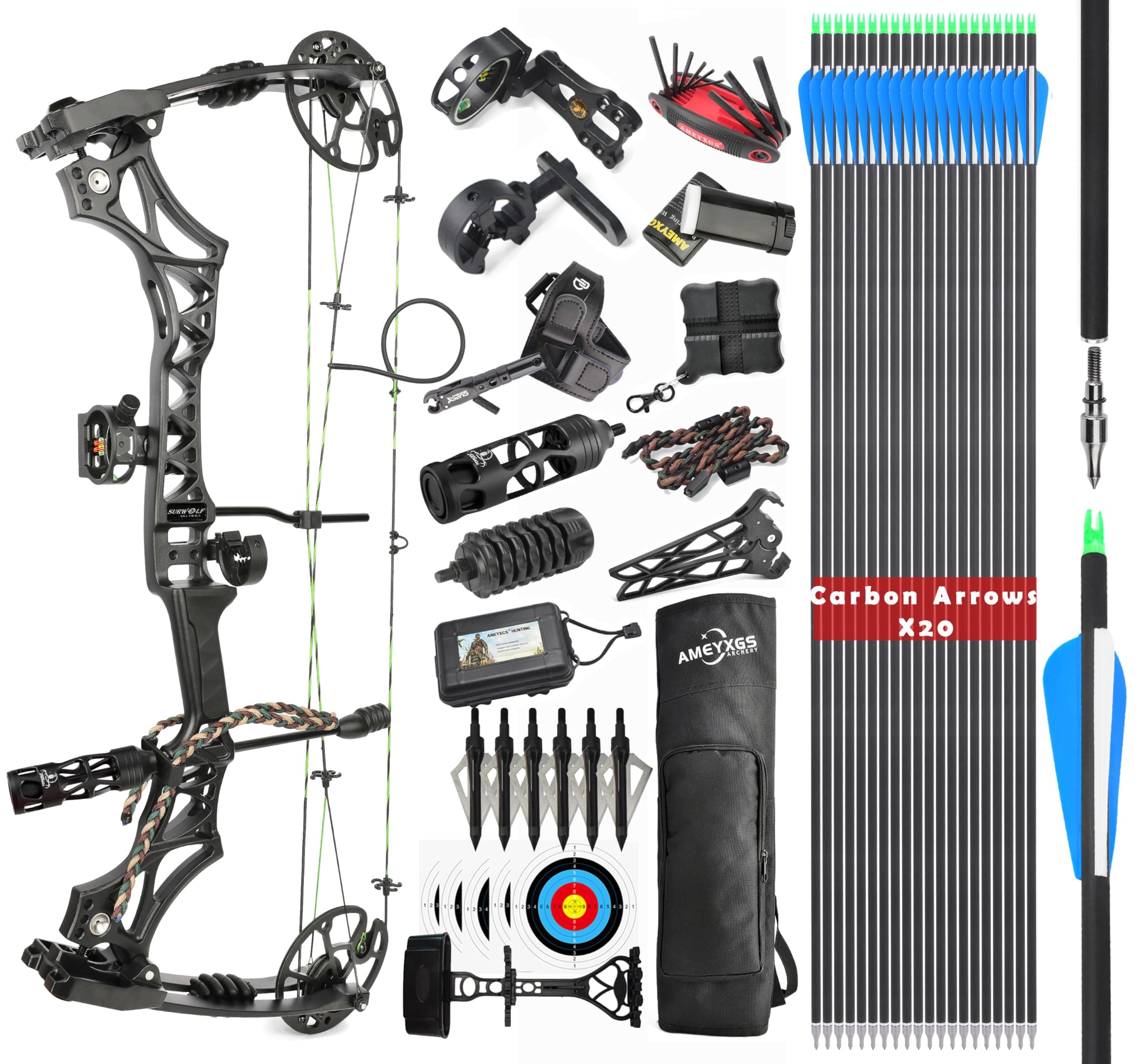 Compound Bow Kit, Hunting and Target, Limb Made in USA,Draw Weight 30-70 lbs Adjustable, Draw Length 19-30.5",up to IBO 320FPS Speed, Package with Archery Hunting Accessories