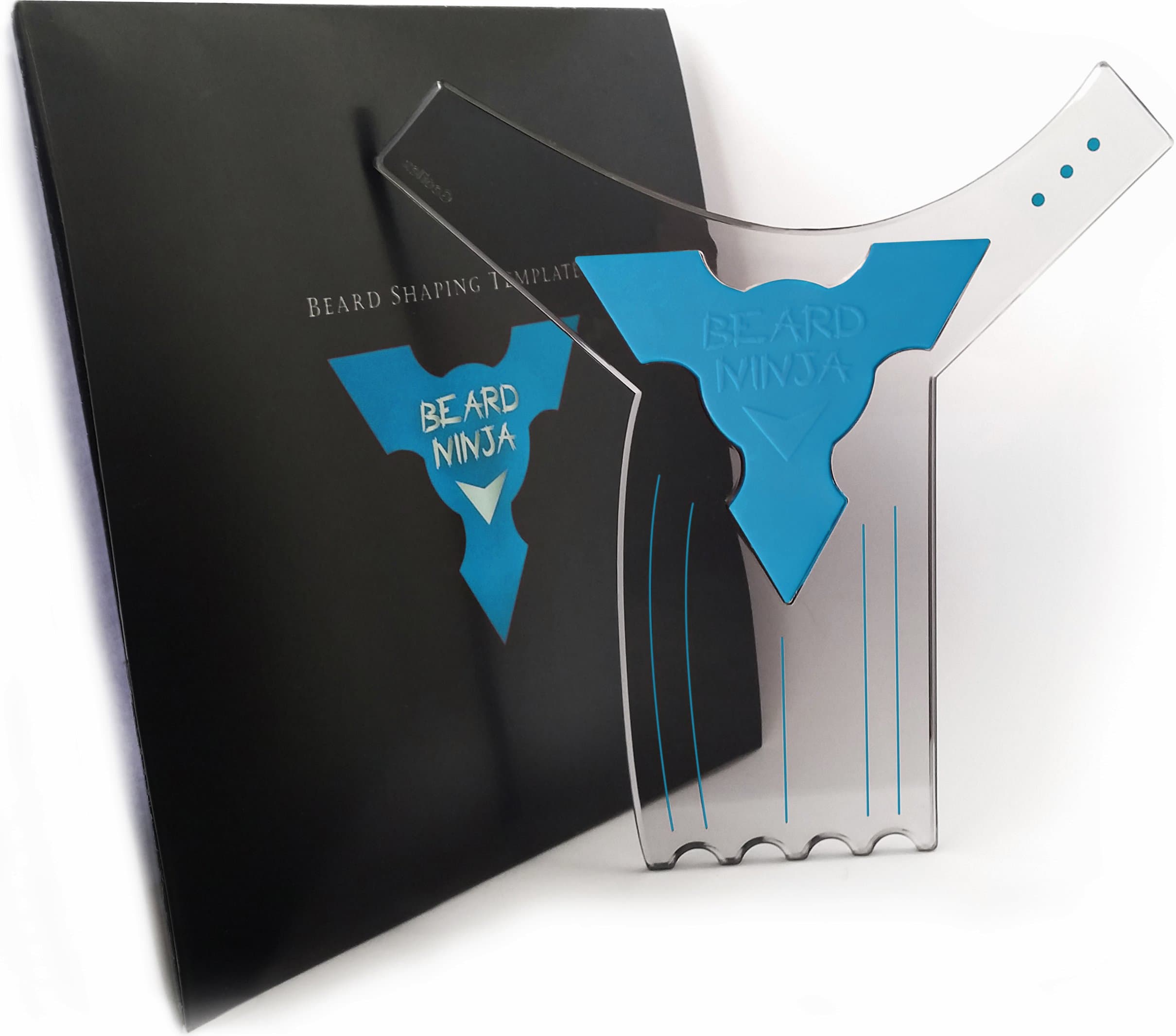 The BEARD NINJA - Beard Shaping Tool Template. Clear Shaper Guide for Lineup & Edging. Transparent Stencil Styling Goatee, Mustache & Neckline + Curve/Step or Straight Cut +Anti-Slip Grip (Blue)
