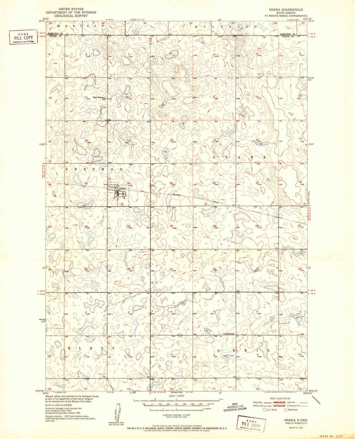 Onaka SD topo map, 1:24000 Scale, 7.5 X 7.5 Minute, Historical, 1952, 27 x 21.9 in